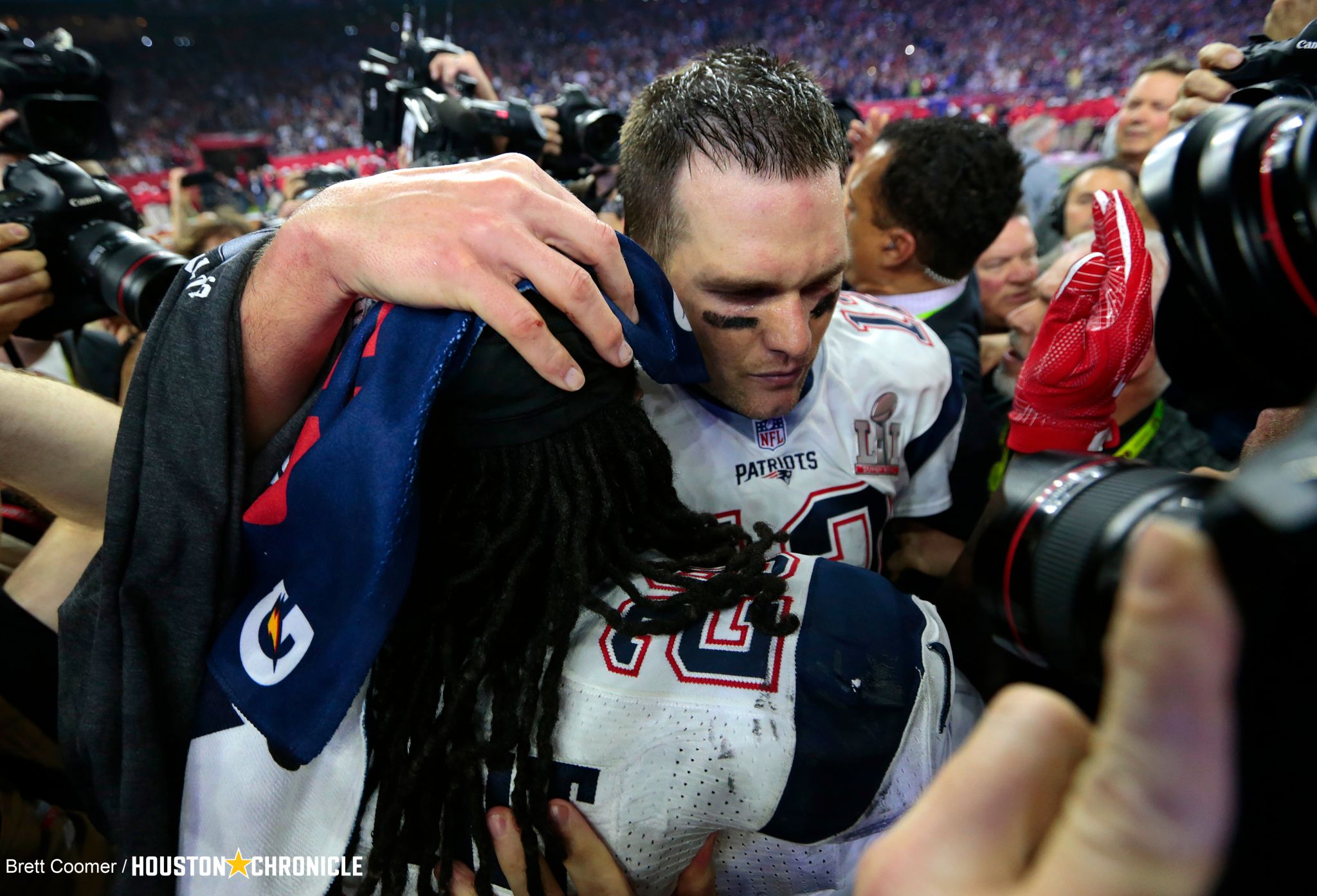 New England Patriots quarterback Tom Brady celebrates after Super Bowl LI  at NRG Stadium in Houston on February 5, 2017. The Patriots defeated the  Falcons 34-28 in the Super Bowl's first overtime