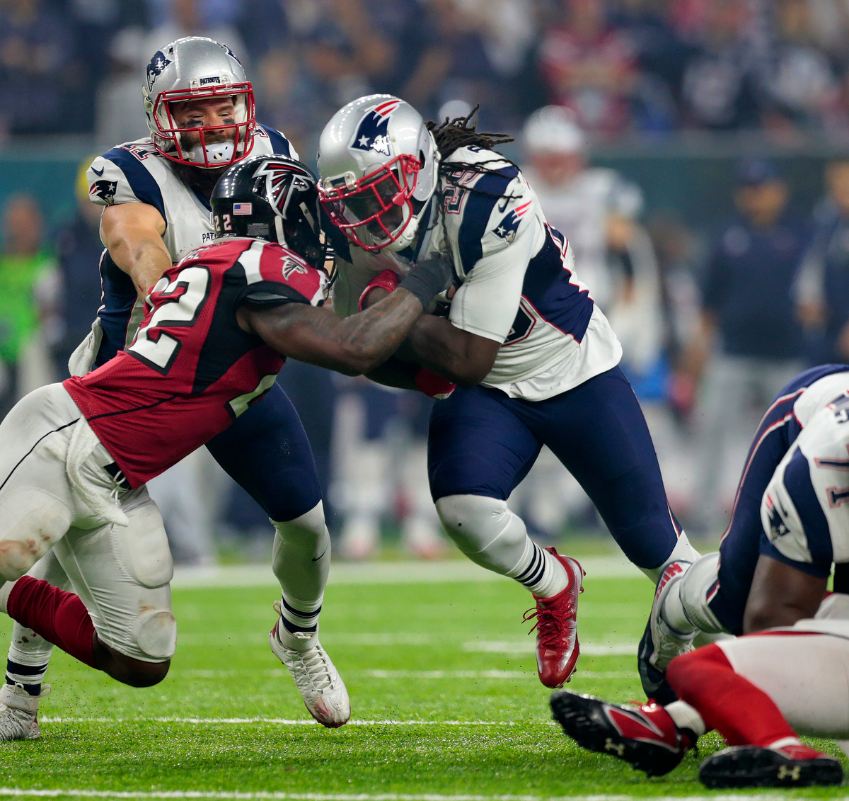 The Atlanta Falcons run out onto the field during pregame events before  Super Bowl LI against the New England Patriots at NRG Stadium in Houston on  February 5, 2017. Photo by Brian