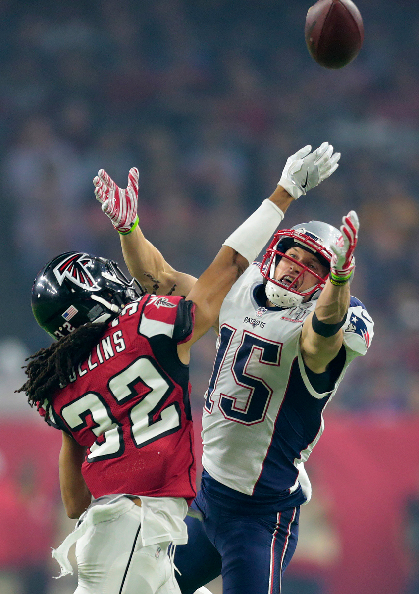 Atlanta Falcons cornerback Brian Poole (34) defends against New England  Patriots wide receiver Julian Edelman during the third quarter at Super  Bowl LI at NRG Stadium in Houston, Texas on February 5