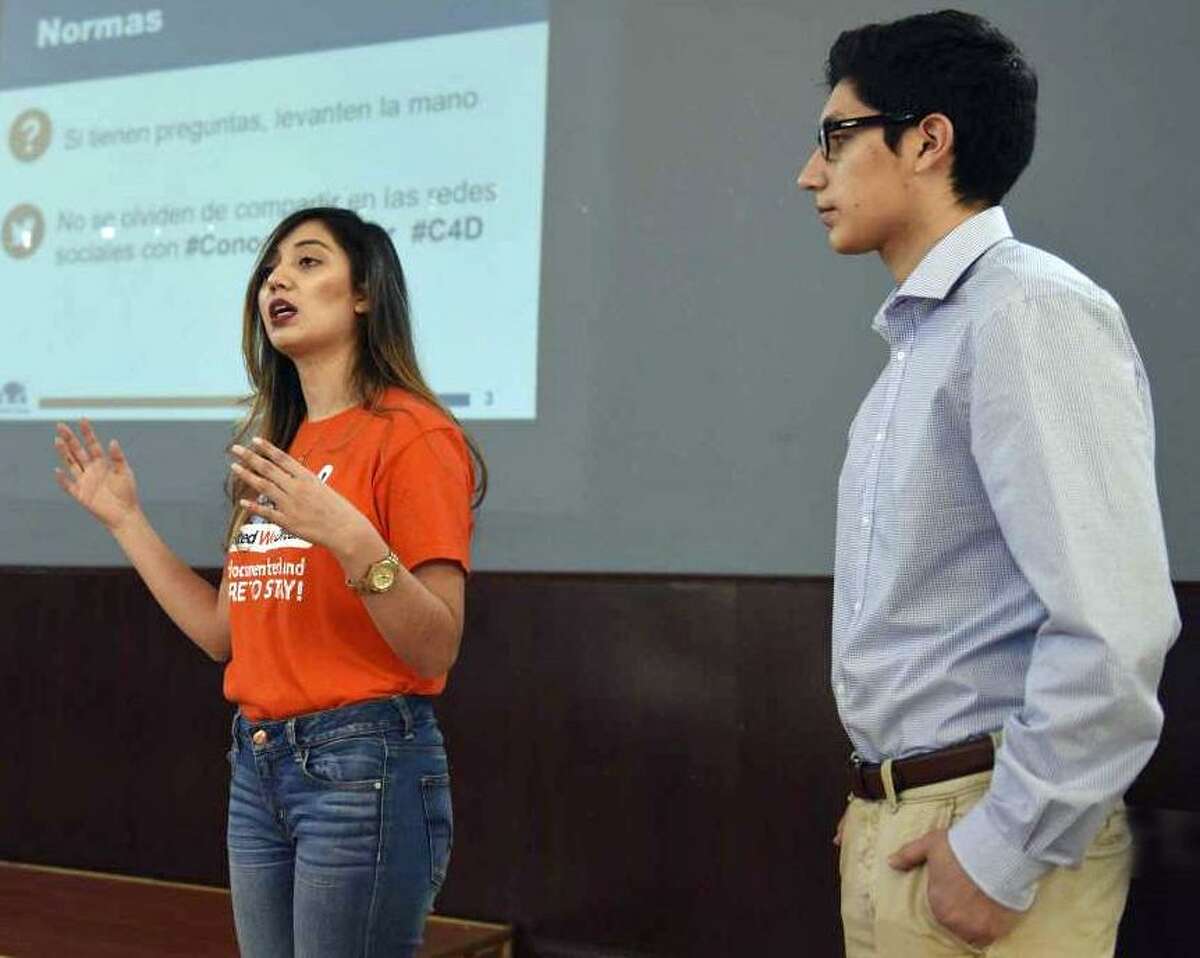 CT Students for a Dream Community Organizer Angelica Idrovo and Pablo Idrovo speak at the Ecuadorian Civic Center in Danbury in mid-January.