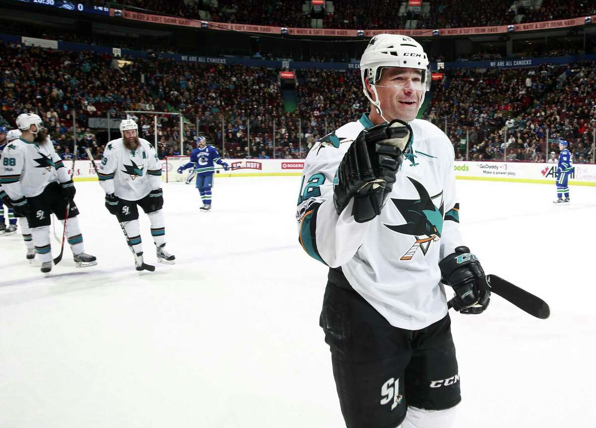 VANCOUVER, BC - FEBRUARY 2: Patrick Marleau #12 of the San Jose Sharks celebrates his 500th NHL goal during their NHL game against the Vancouver Canucks at Rogers Arena February 2, 2017 in Vancouver, British Columbia, Canada. (Photo by Jeff Vinnick/NHLI via Getty Images)"n