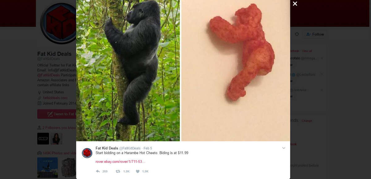 A screenshot of @FatKidDeals' Twitter post shows a Cheeto that bears a resemblance to slain gorilla Harambe. Bidding on the cheese snack began at $11.99 and ended with a winning bid of $99,900 on Tuesday, Feb. 7, 2017.