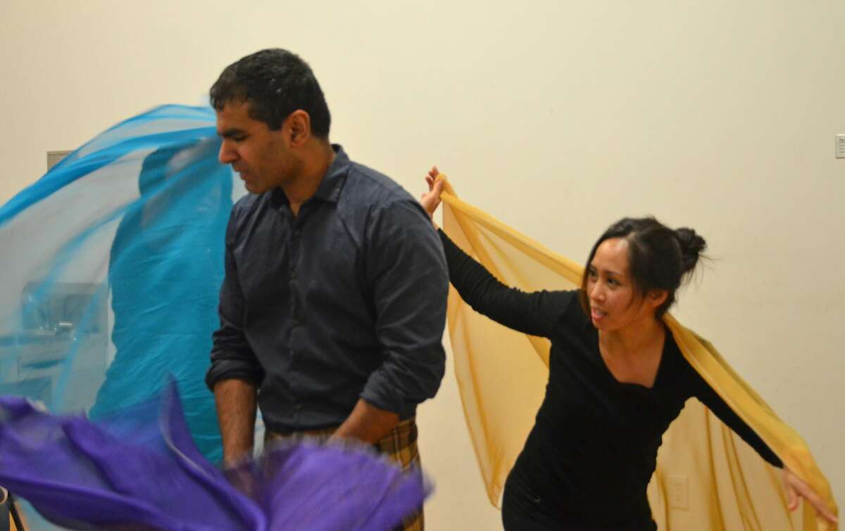 Brittany Sims (hidden by scarf), Lijesh Krishnan and Julie Ann Valdez in "Who Dares," a short in Those Women Productions' "Escape Velocity."