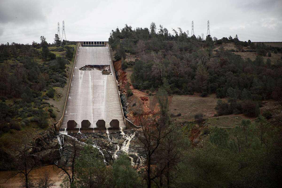 A hole was torn in the spillway of the Oroville Dam while releasing approximately 60,000 cubic-feet-second of water in advance of more rain on February 7, 2017 in Oroville, California.