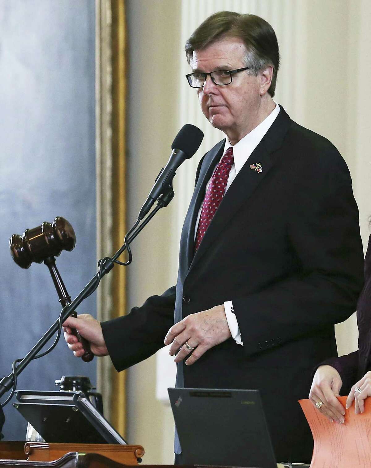 Lt. Governor Dan Patrick gavels a point on the ethics bill which came up before lawmakers debated the sanctuary cities bill in the Senate on February 7, 2017.