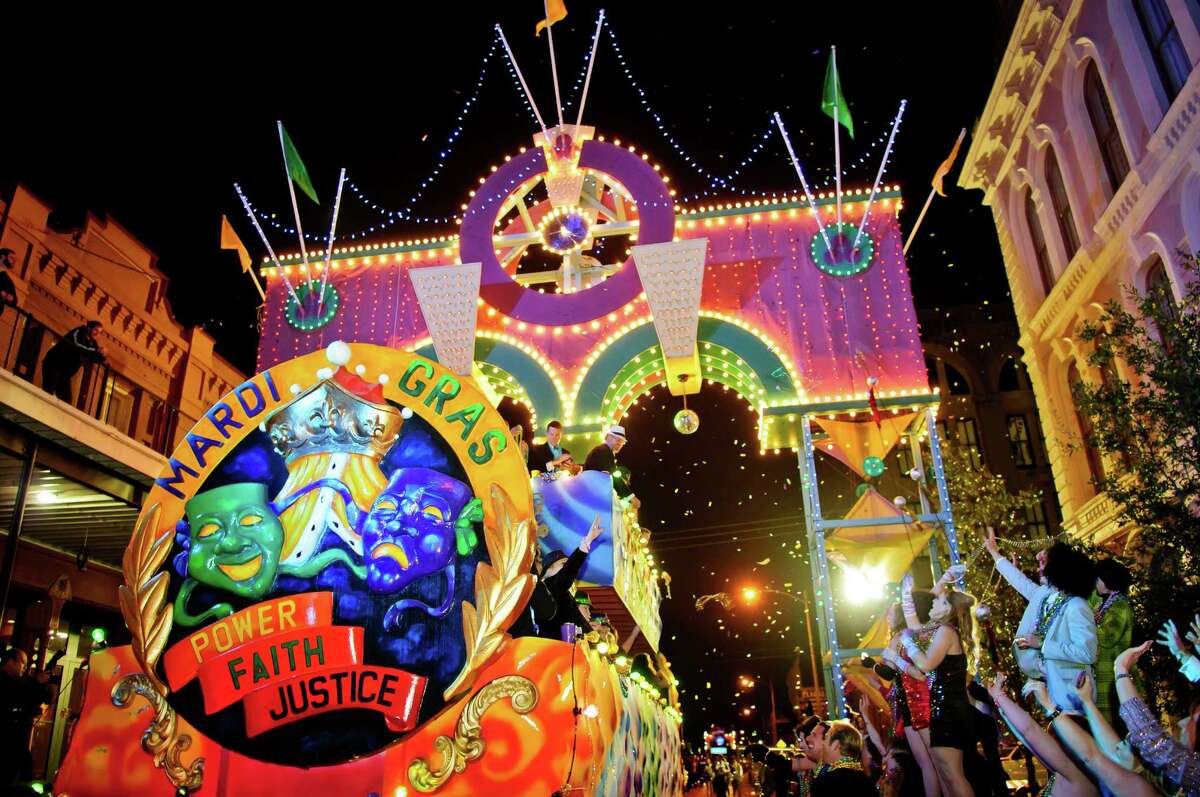 Texas' biggest Mardi Gras celebration returns to Galveston Feb. 17-28 with more than 30 concerts will taking place during Galvestonâs two-week-long Mardi Gras event. In addition to live entertainment, the festival will feature 22 parades, 20 balcony parties and several elegant balls.