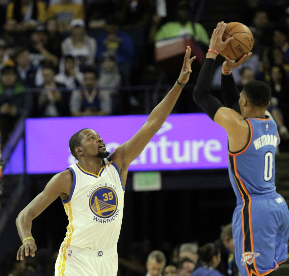 Kevin Durant (35) tries to block a shot by Russell Westbrook (0) as the Golden State Warriors played the Oklahoma City Thunder at Oracle Arena in Oakland, Calif., on Wednesday, January 18, 2017.