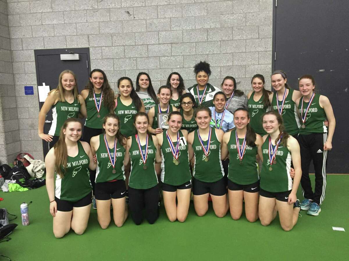 The New Milford girls indoor track team finished second at the SWC Championships.