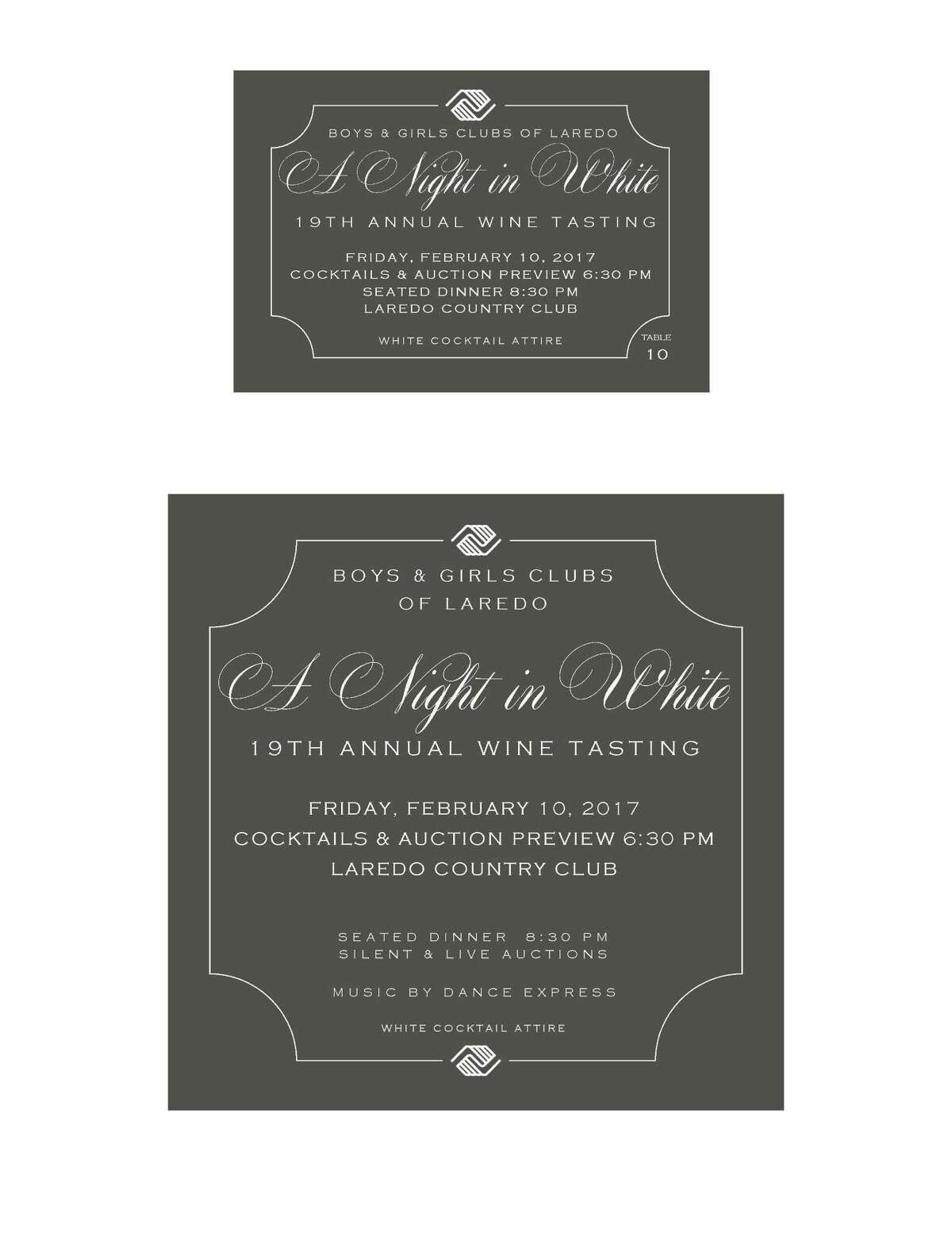 La invitación formal a la gala para la cata de vino a beneficion del Boys and Girls Club of Laredo.