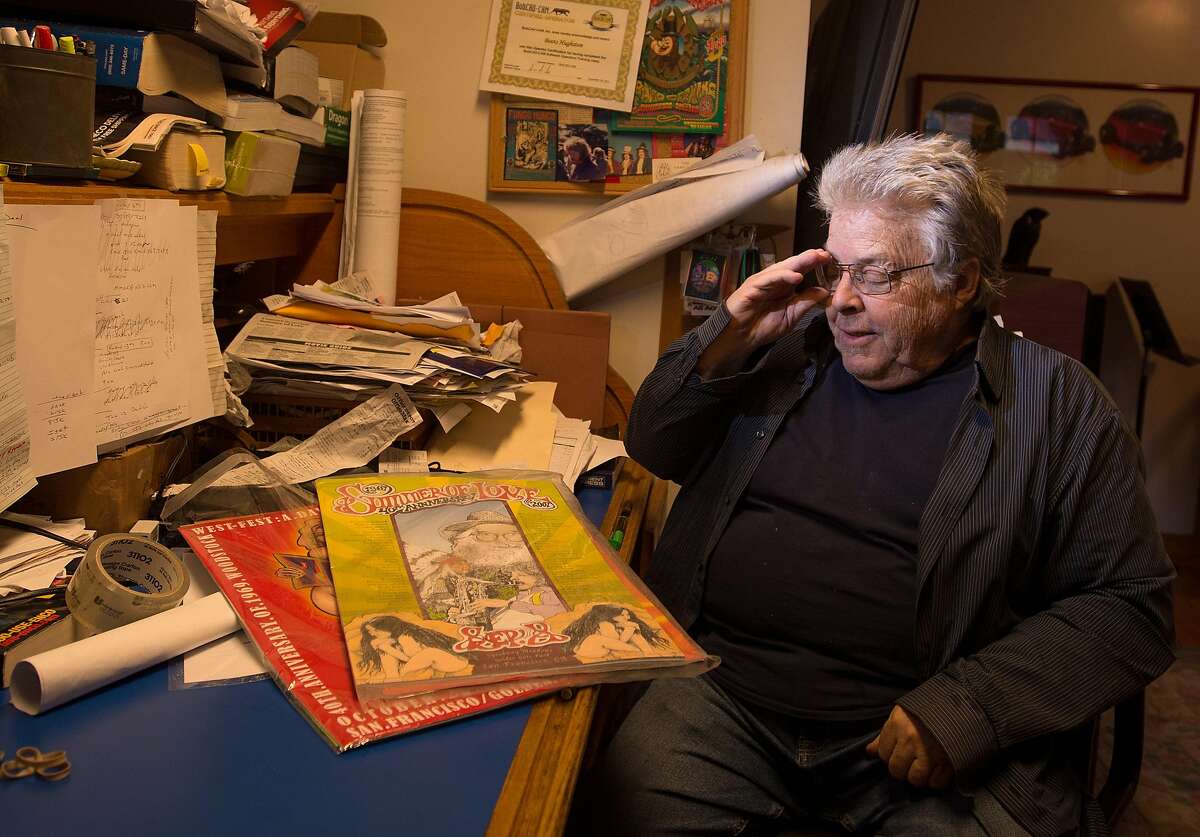 Boots Hughston, promoter for the 50th Anniversary Summer of Love Concert in Golden Gate Park, looks over previously used posters at his home in Mill Valley, California on February 08, 2017. After nine months of work preparing for the concert, he was turned down for a permit from the city of San Francisco.