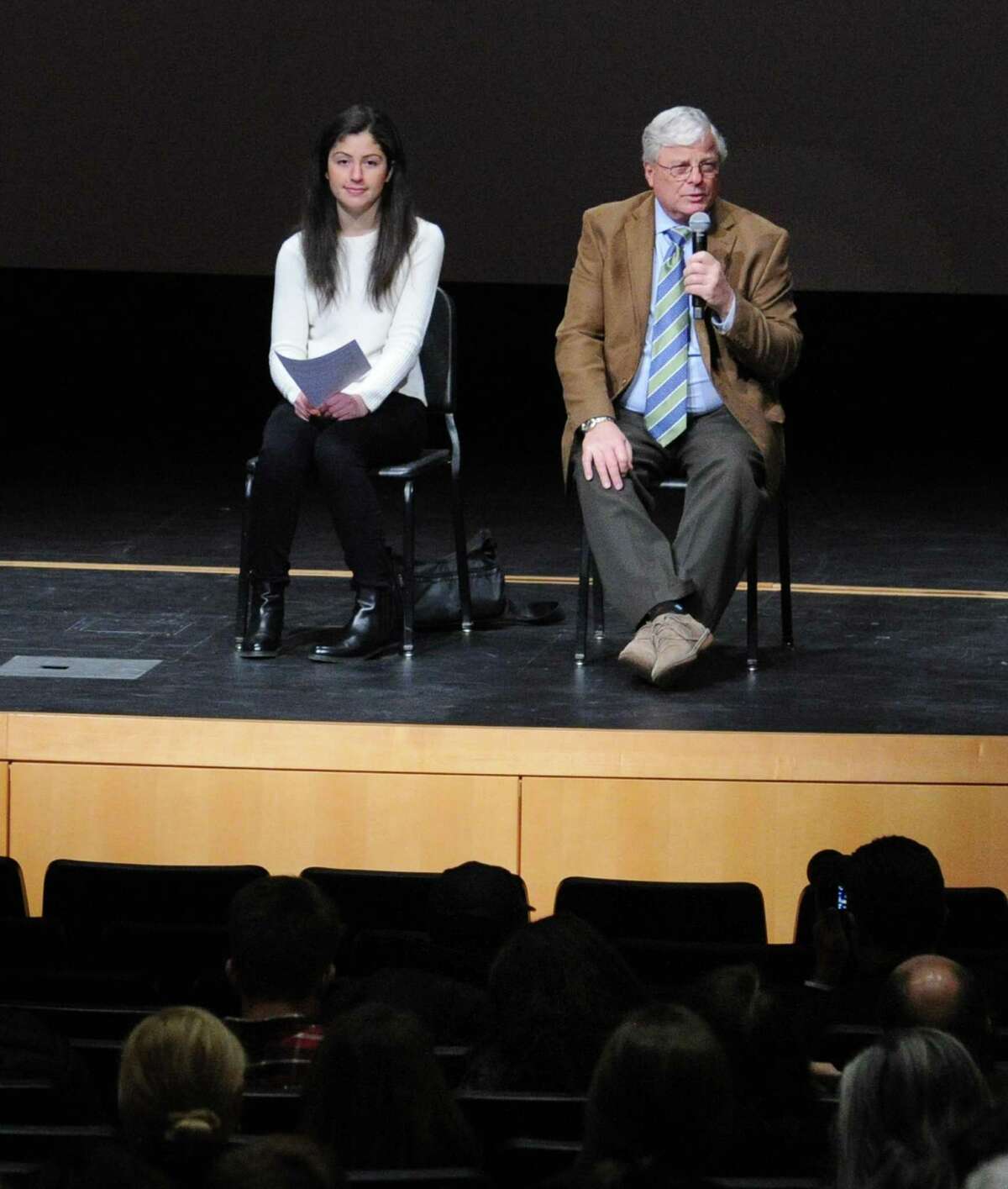 At left, Kathryn Pappas, a Greenwich High School junior, and Interim Superintendent of the Greenwich Public Schools, Sal Corda, were part of the panel during the Greenwich Alliance for Education sponsored screening and panel discussion of the documentary film "Screenagers: Growing Up in the Digital Age," at Greenwich High School, Conn., Tuesday night, Feb. 8, 2017.