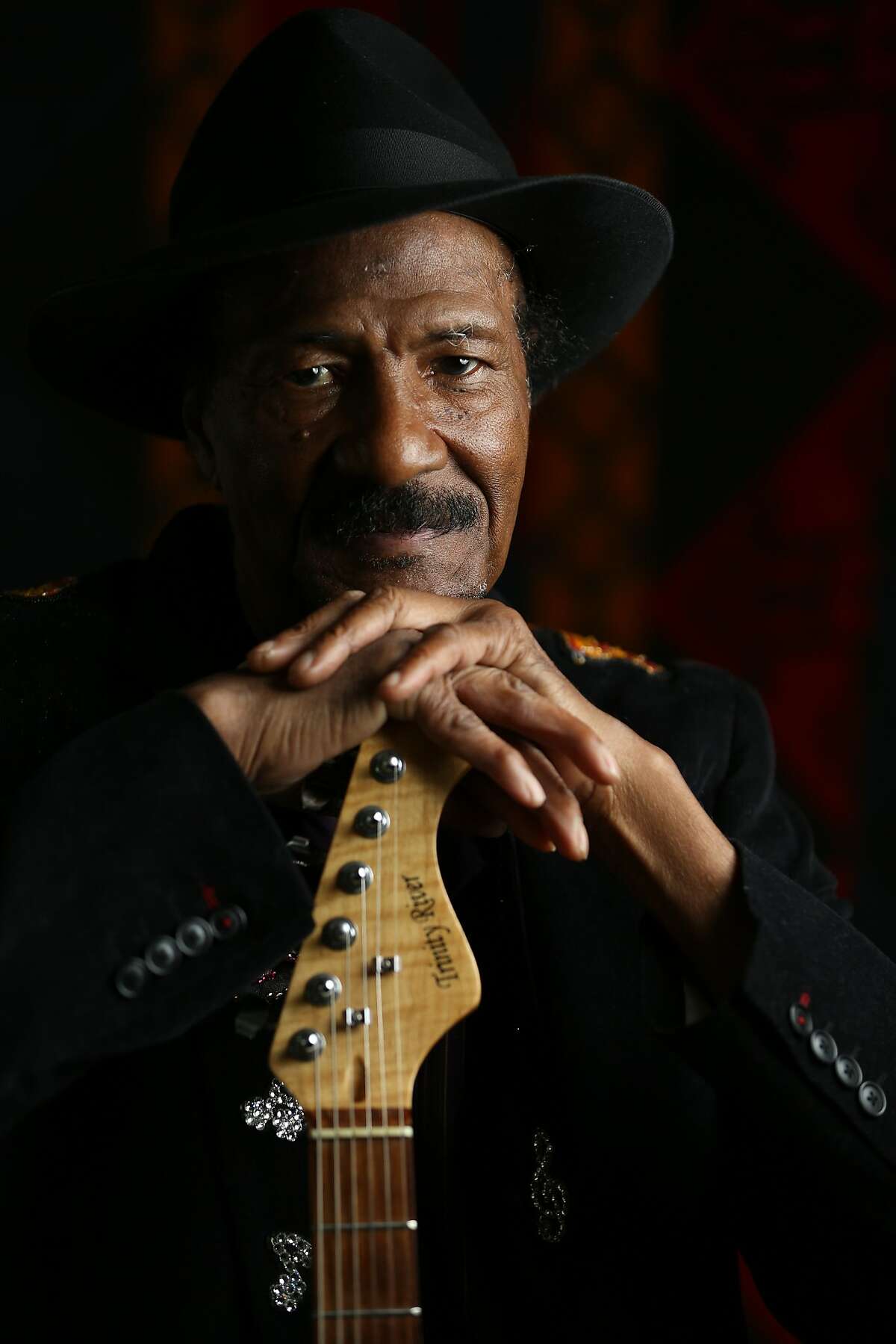 Clarence Sims, known by his stage name Fillmore Slim, sits for a portrait on Wednesday, Feb. 8, 2017, in Redwood City, Calif. He is a Blues vocalist and guitarist performing Feb. 24 and Feb. 25 at Eli's Mile High Club in Oakland, where he recorded his first album, Born to Sing the Blues.