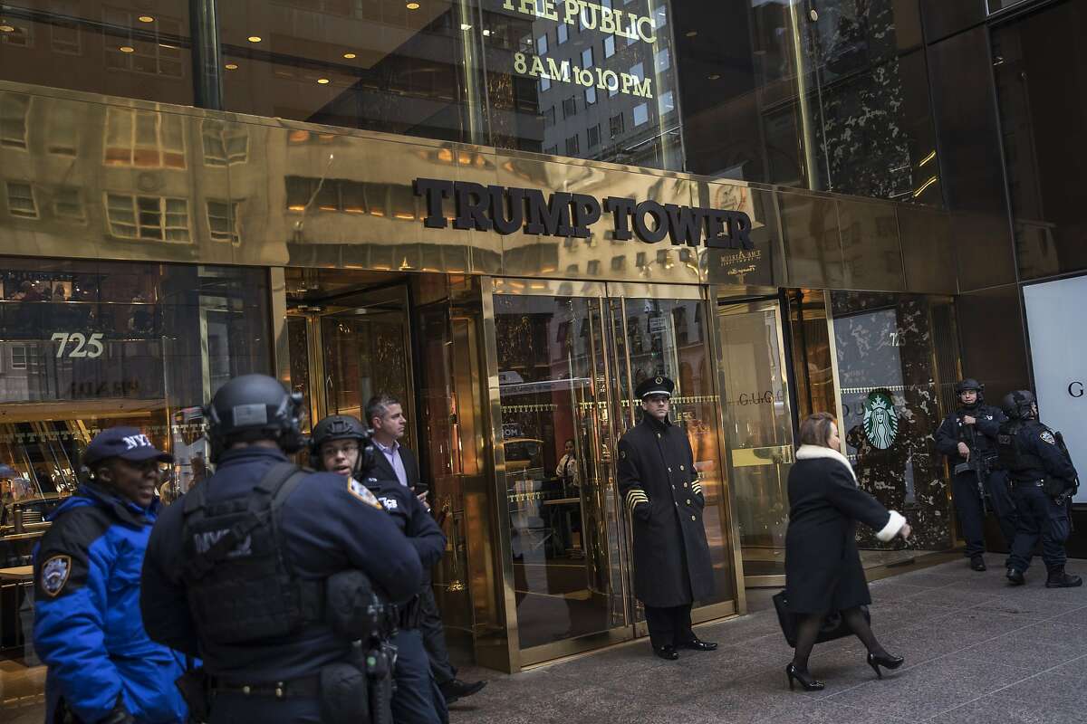 FILE - Security outside Trump Tower on Fifth Avenue, in Manhattan, Jan. 18, 2017. The Department of Defense has regularly rented space for military aides carrying the "nuclear football" to stay when the president travels, and will be doing so at Trump Tower, a move that raises questions of money going directly to President Donald Trump. (Victor J. Blue/The New York Times)