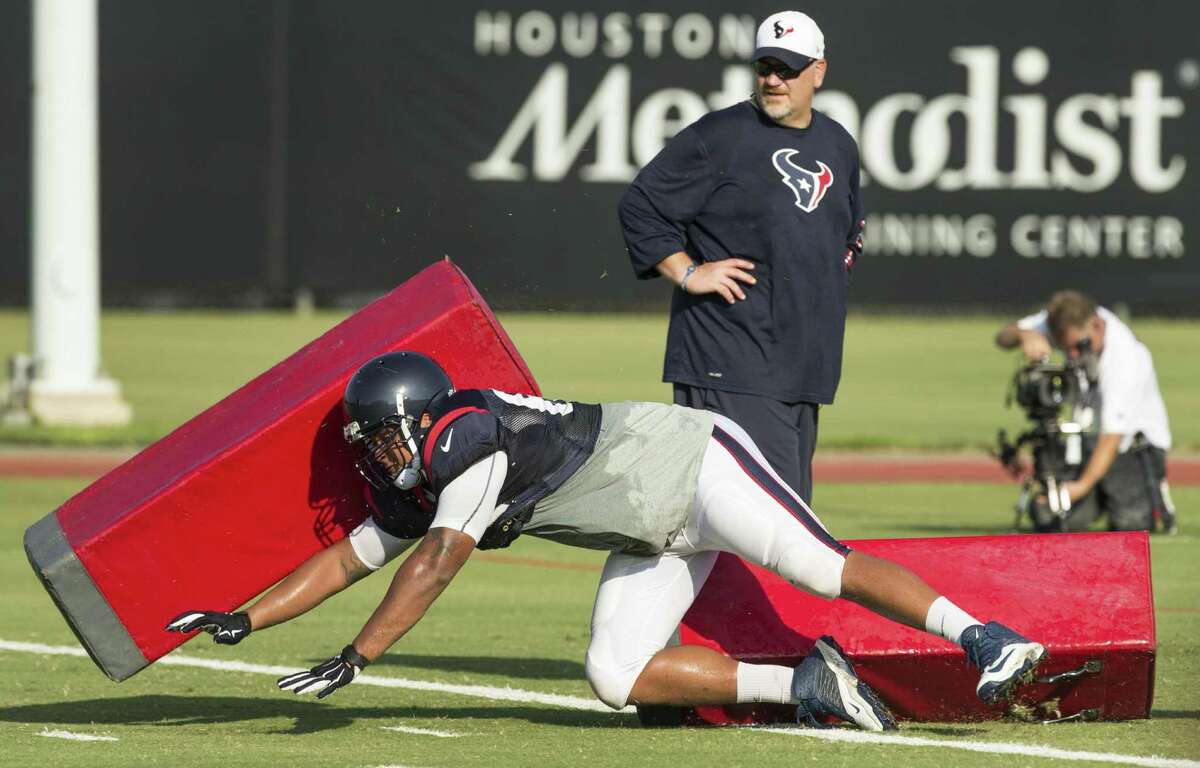 Second-year player Kendall Lamm goes through drills at Texans training camp in Houston in 2016.