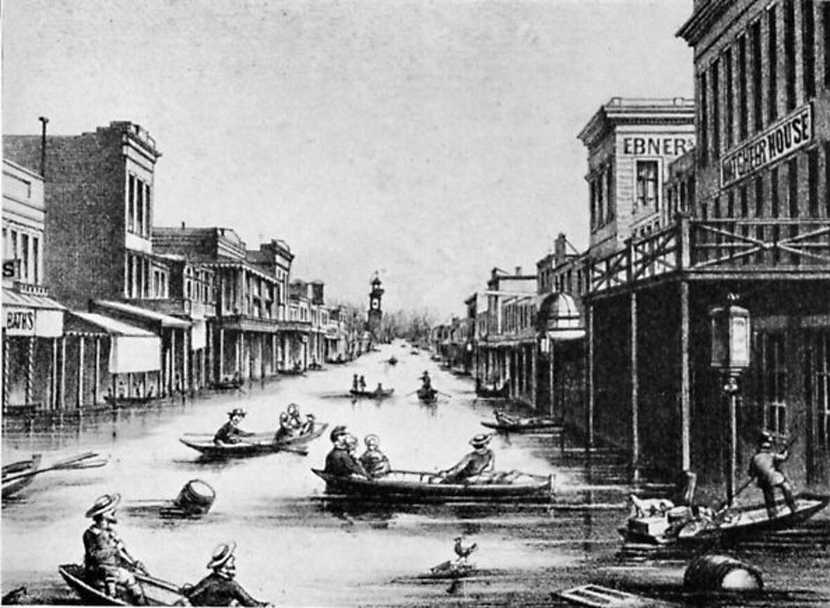 Sacramento underwater due to floods in an 1862 rendering that ran in local papers.