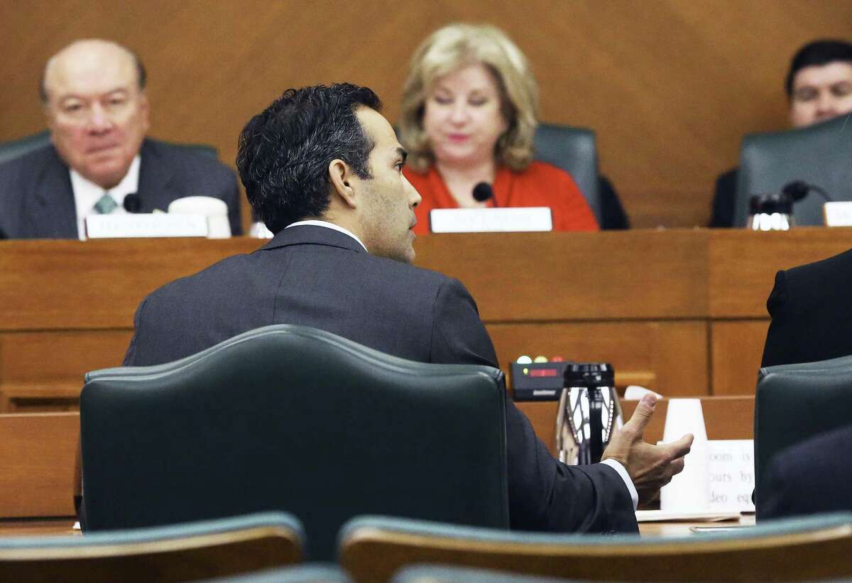 Texas Land Commissioner George P. Bush empahsizes a point in his budget as the Senate Finance Committee hears presentations at the Capitol on February 9, 2017.