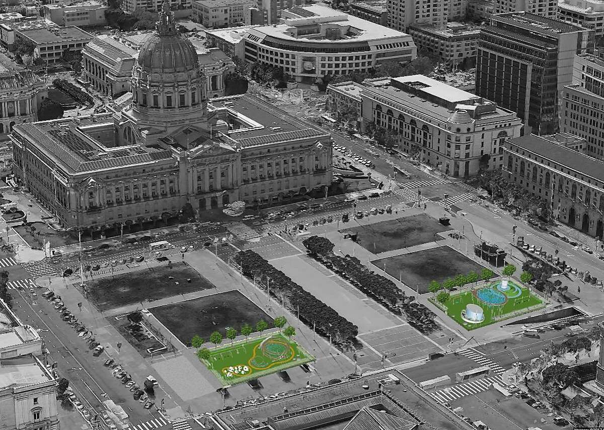 A rendering that shows the new playgrounds designed by Andrea Cochran Landscape Architecture for the east side of Civic Center Plaza. The groundbreaking is Feb. 14, 2017, and the spaces should open by the end of the year. The $10 million project is being managed for the city's Recreation and Parks Department by the Trust for Public Grant, and it is being funded by a gift from the Helen Diller Family Foundation.