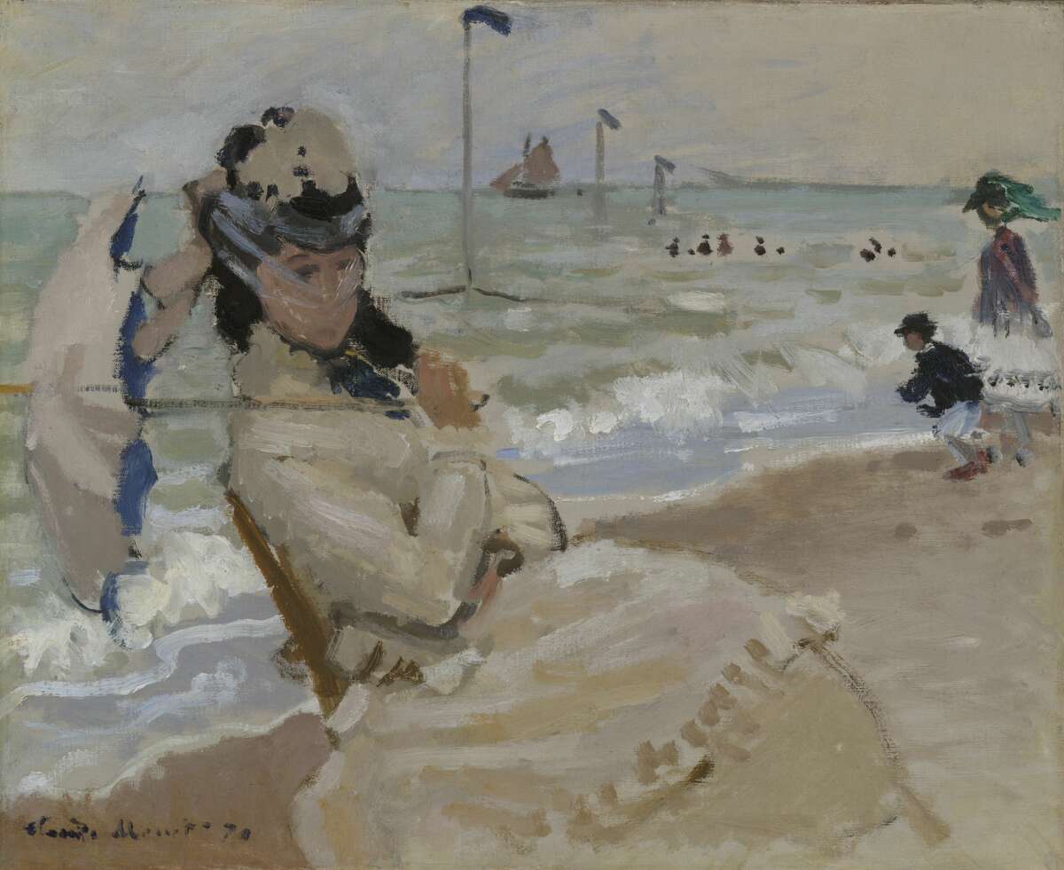 Claude Monet, "Camille on the Beach in Trouville," 1870. Oil on canvas, 38 x 47 cm (15 x 18 1/2 in.). 