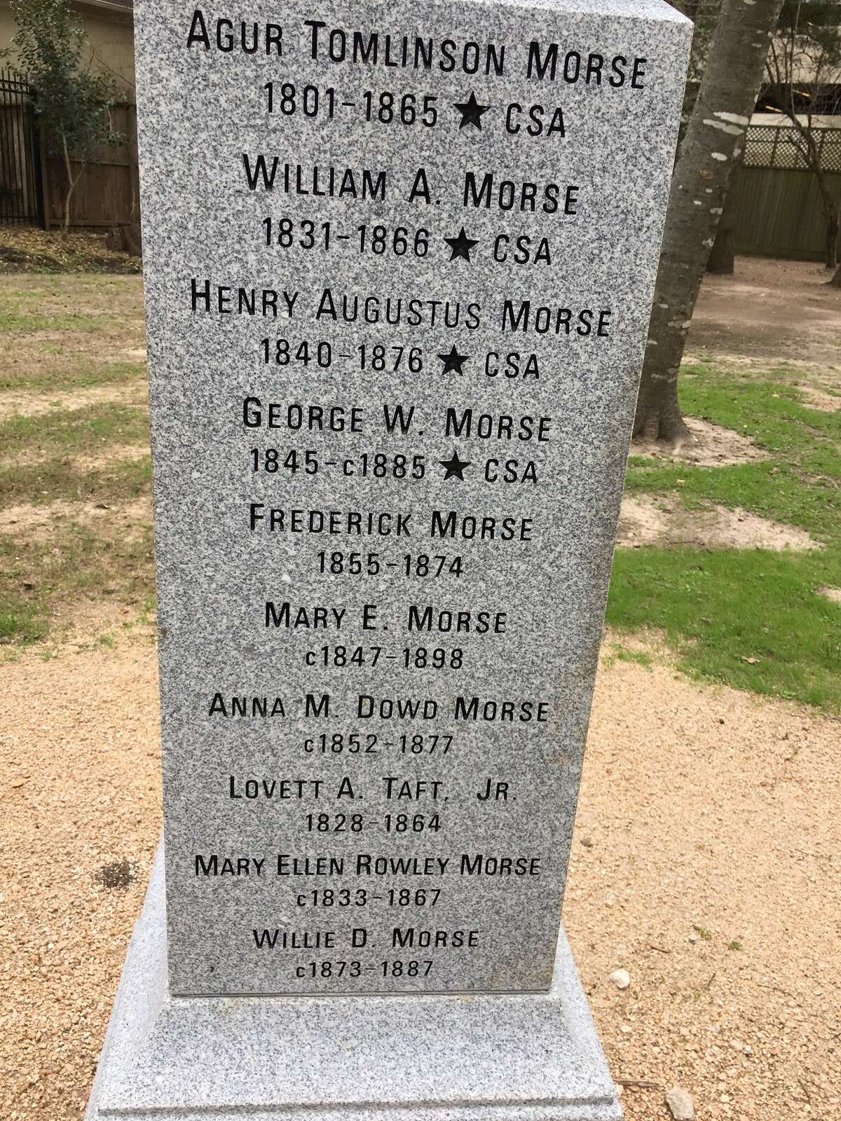An obelisk bears the names of those buried at the Morse-Bragg cemetery.
