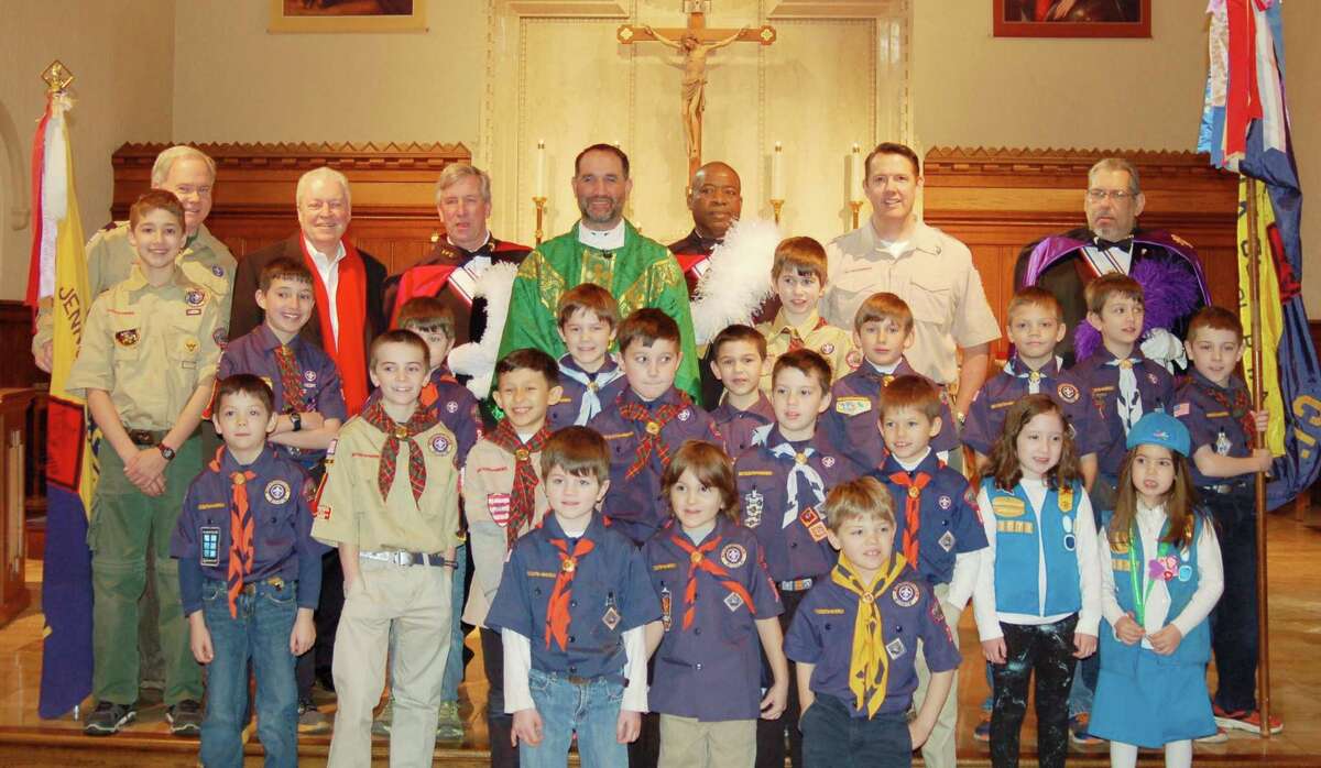 Several Cub Scouts and Girl Scouts celebrated Scout Sunday Mass at Our Lady of the Assumption Church in Fairfield Feb 5. First Selectman Mike Tetreau, as well as the Knights of Columbus, joined Girl Scout Troop 3073, Boy Scout Troop 88 and Cub Scout dens 88, 89, 95 and 107.