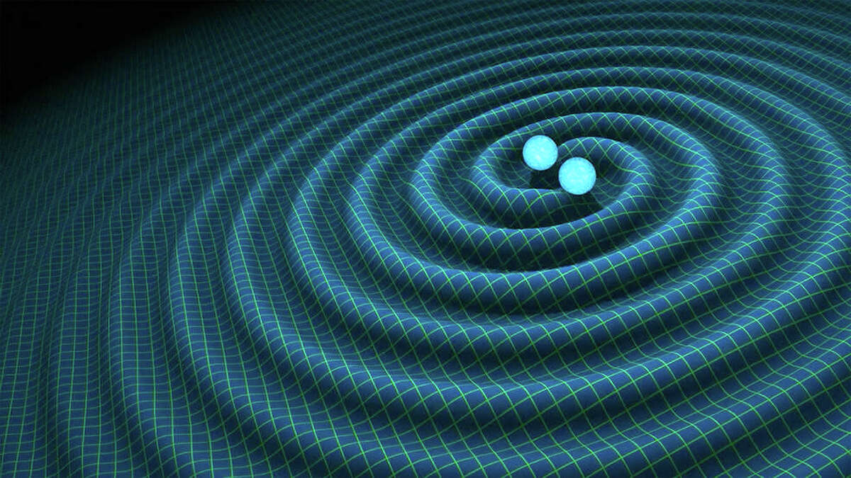 In this image, two black holes collide, creating gravitational waves, ripples in space/time.