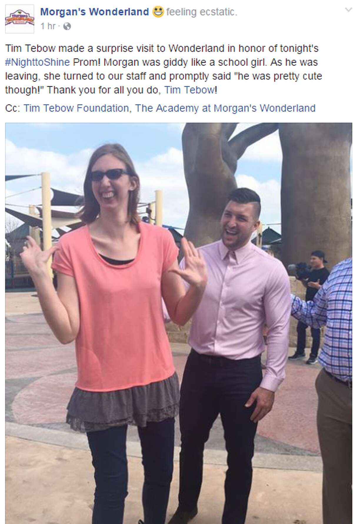 Tim Tebow made a surprise visit to San Antonio's Morgan's Wonderland on Feb, 10, 2017, ahead of a prom night for special needs participants.