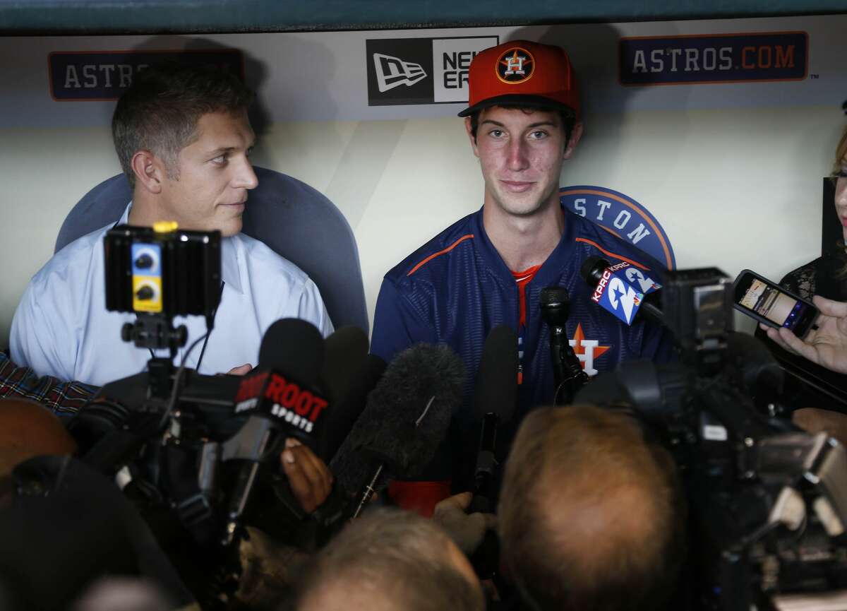 Newly signed outfielder Kyle Tucker, who was selected with the fifth-overall selection in the first round of the 2015 MLB First Year Player Draft, speaks to the media before the of an MLB game at Minute Maid Park on Monday, June 15, 2015, in Houston. ( Karen Warren / Houston Chronicle )