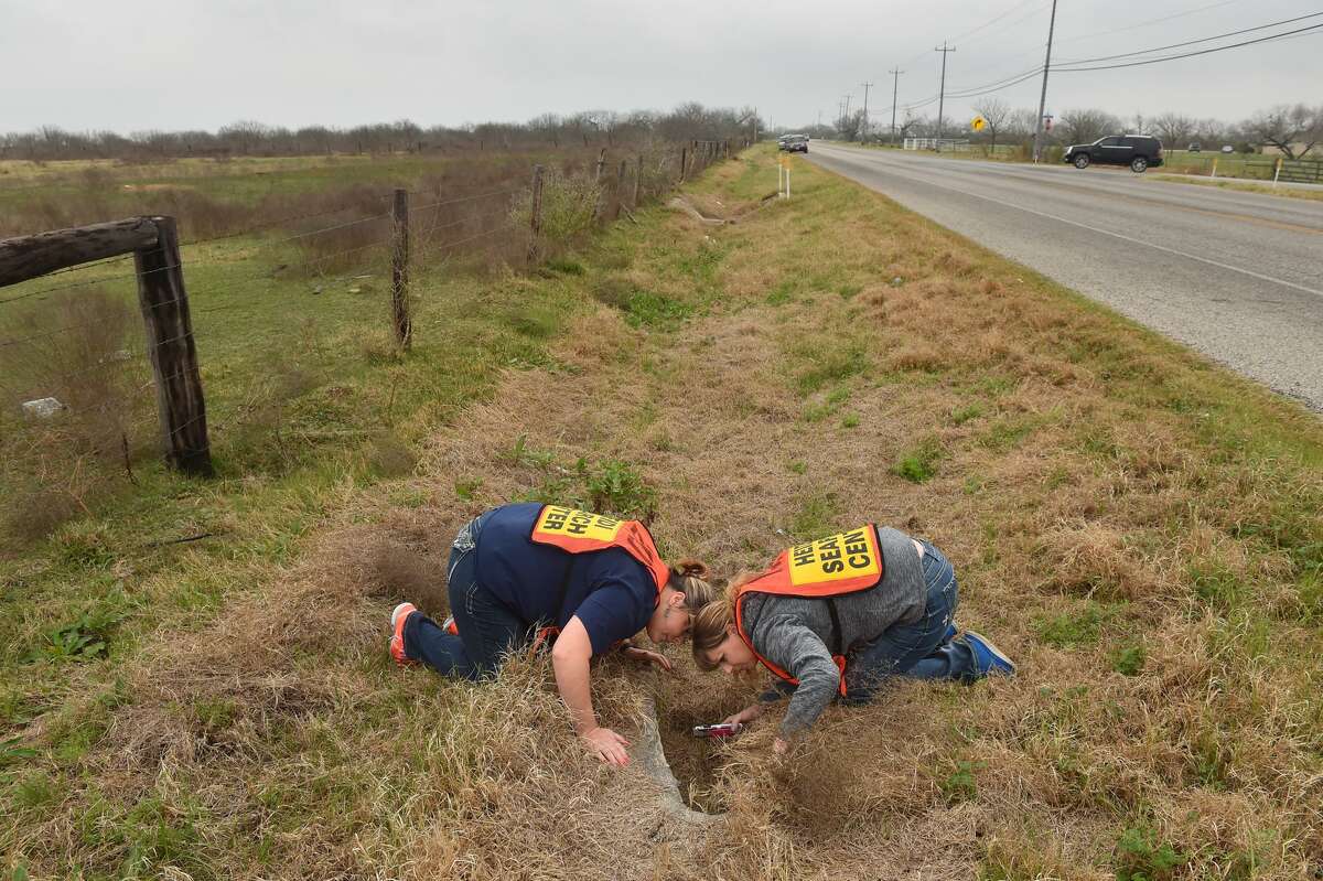 Volunteers Rebecka (cq) Finley, and Lori Brooks look into a drainage pipe along FM1346 looking for clues or evidence as they an other volunteers search for Walter "Lee" Arms, who disappeared from the area on Feb. 5.