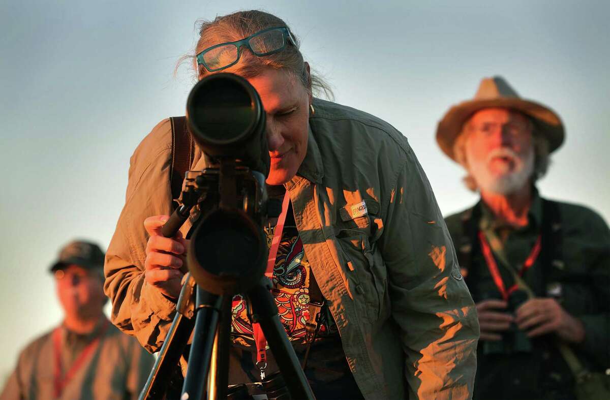 Nina Rach, center, uses a scope to look at a bird with Craig Childs, right, on the "Bird Til You Drop" outing which is part of the Laredo Birding Festival, on Thursday, Feb. 9, 2017.