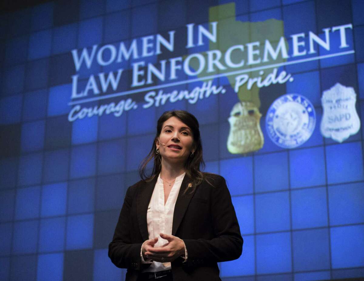 FBI Special Agent Jessica Triola speaks to attendees during a women in policing event hosted by the San Antonio Police Dept., Texas Parks & Wildlife, and the FBI, Saturday, Feb. 11, 2017, at Texas A&M San Antonio. (Darren Abate/For the San Antonio Express-News)