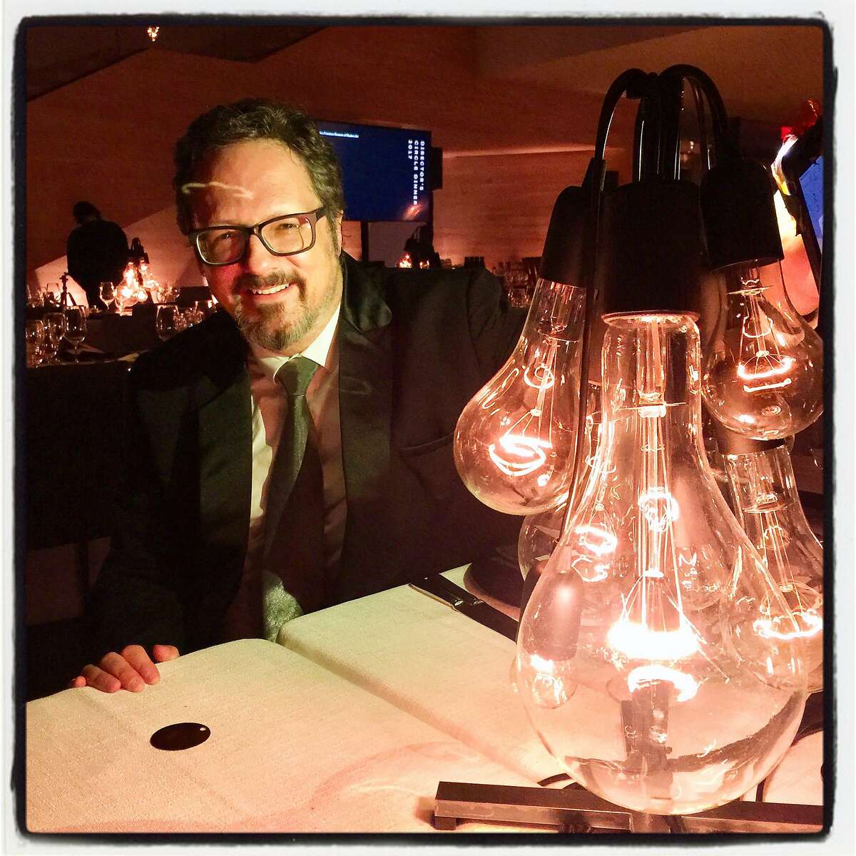 Artist Rafael Lozano-Hemmer and one of his centerpieces at SFMOMA Director's Circle Dinner. Feb. 8 2017.