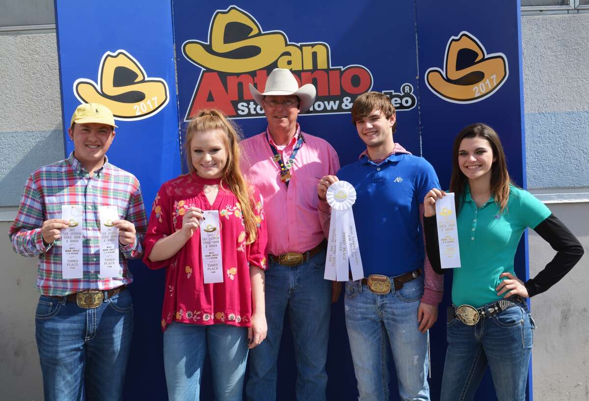 4-H Meat Judging Team Doug McDonough/Plainview Herald The Hale County 4-H Senior Meat Judging Team took third place overall in the 2017 San Antonio Stock Show and Rodeo Meat Judging Contest on Sunday. Shown with John Henderson (center), San Antonio Stock Show and Rodeo 2017 livestock chairman, are team members Zach McDonough (left), seventh place individual; Layne Mustian, fourth place individual; Isaiah Geter and Myra Geter. Also representing Hale County was Tessa Barrett who competed individually as an intermediate. All five placed in the top 25 of approximately 75 4-H contestants. Third High Point Individual Doug McDonough/Plainview High Layne Mustian of Plainview was third high point individual in the 4-H Meat Judging Contest on Sunday at the San Antonio Stock Show and Rodeo. She receives her ribbon from Stock Show Steering Committee representative Bryan Gown. Seventh High Point Individual Doug McDonough/Plainview Herald Zach McDonough of Plainview was seventh high point individual in the 4-H Meat Judging Contest on Sunday at the San Antonio Stock Show and Rodeo. He receives his ribbon from Stock Show representative Jackie Van De Walle.