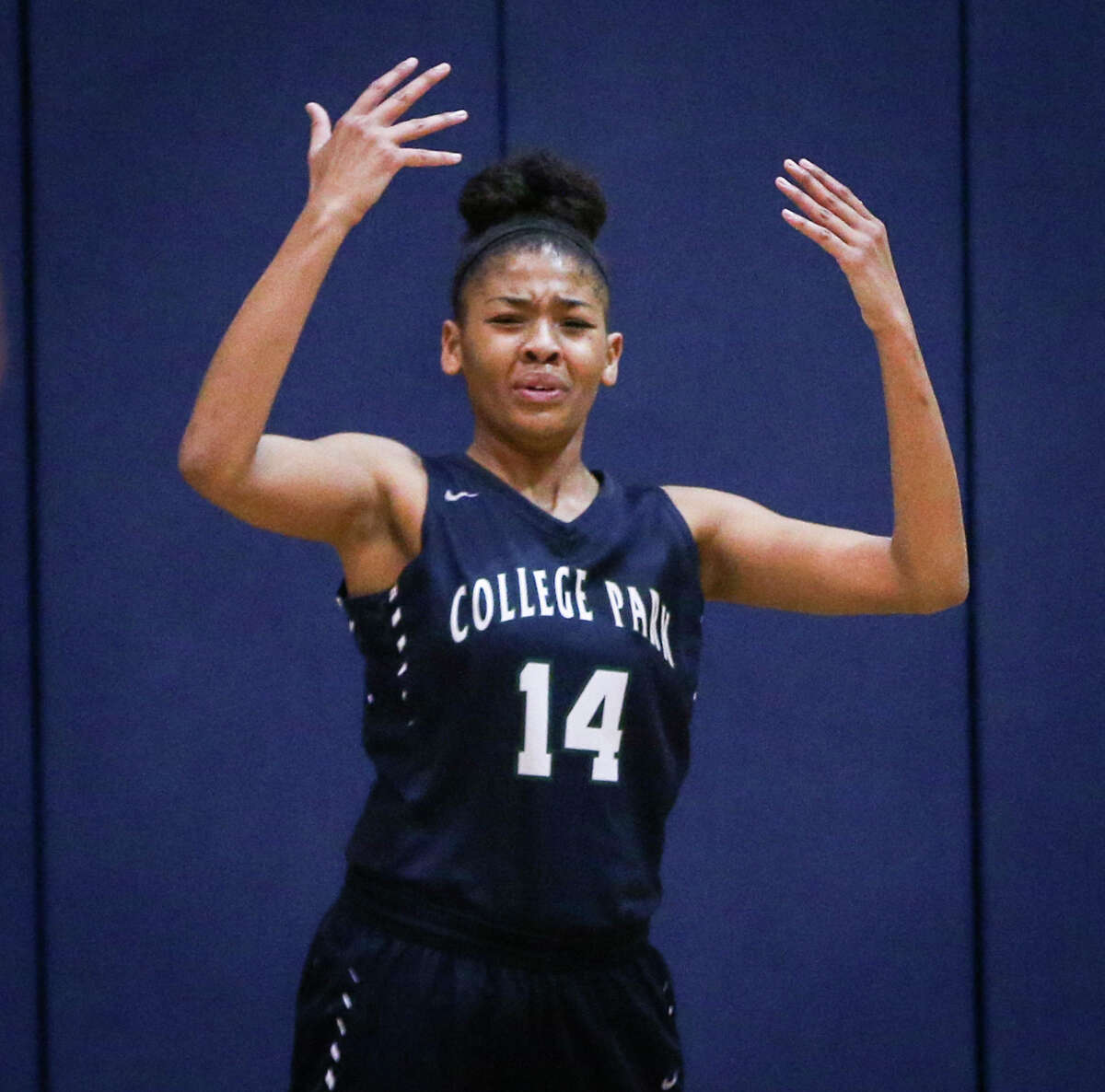 ROCKWALL 50, COLLEGE PARK 27 College Park'?•s Sandra Cannady (14) reacts after barely missing a basket at the halftime buzzer during the District 11-6A playoff girls basketball game against Rockwall on Monday, Feb. 13, 2017, in Jewett. (Michael Minasi / Chronicle)