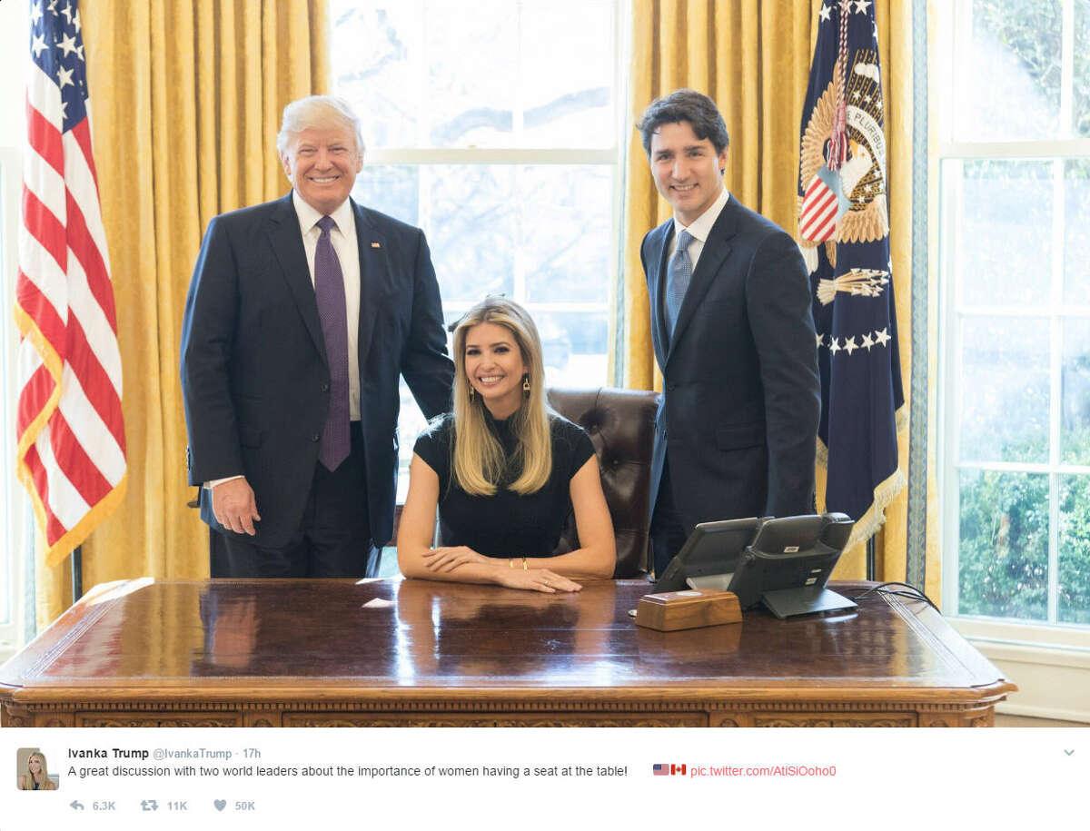 Ivanka Trump shared a photo of her seated at the desk in the Oval Office with her father, President Donald Trump and Prime Minister Justin Trudeau. She quickly received backlash over her being seated at the desk with the two men. Source: Twitter