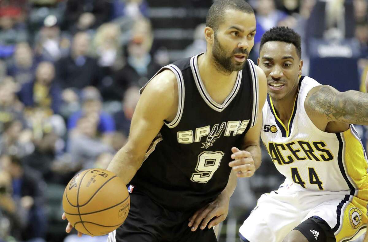 Tony Parker of the Spurs dribbles the ball against the Indiana Pacers at Bankers Life Fieldhouse on Feb. 13, 2017 in Indianapolis.