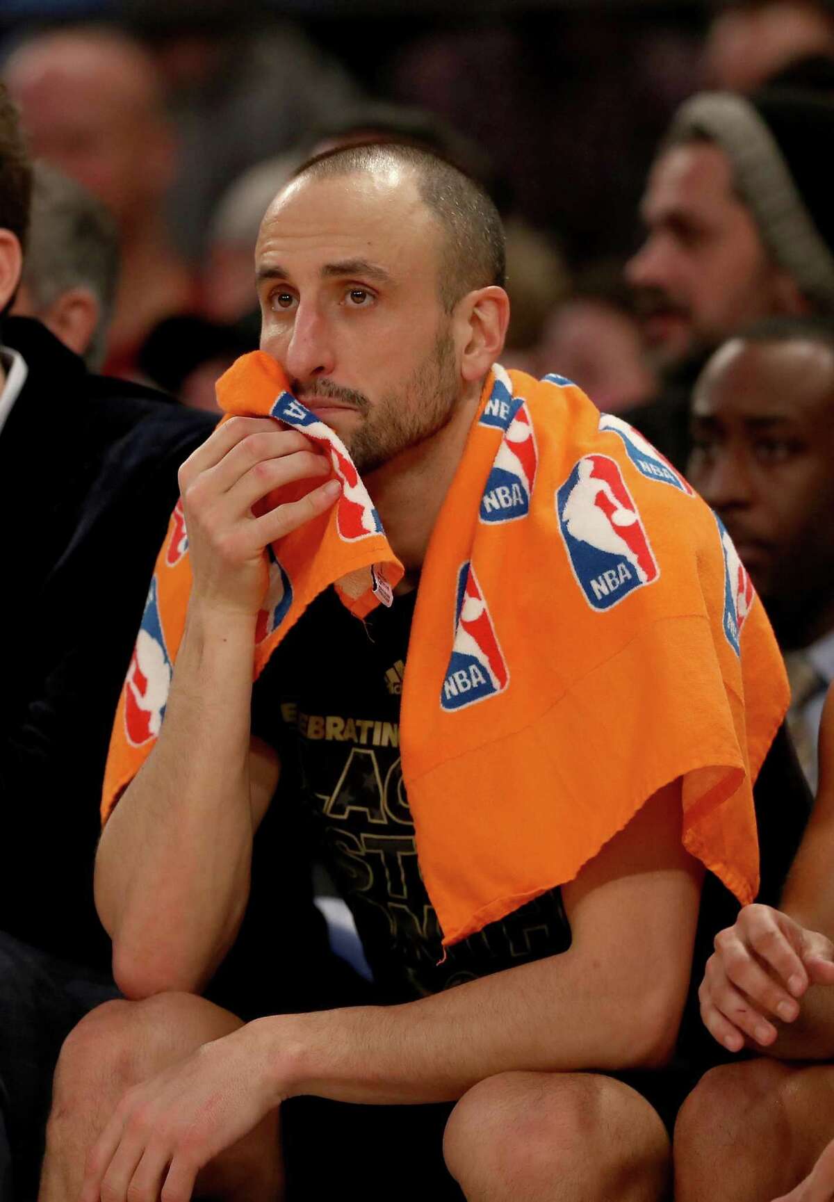 Manu Ginobili of the Spurs looks on from the bench in the second half against the Knicks at Madison Square Garden on Feb. 12, 2017 in New York.