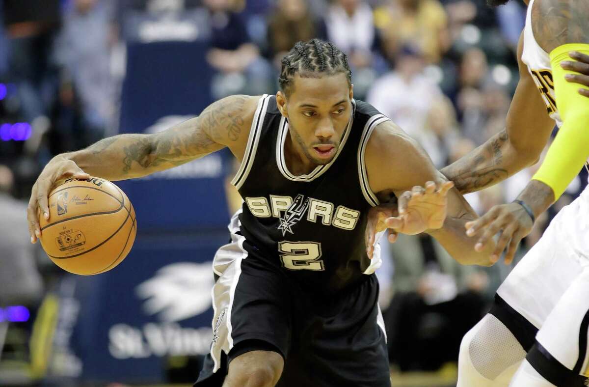 Kawhi Leonard of the Spurs looks to make a move against the Indiana Pacers at Bankers Life Fieldhouse on Feb. 13, 2017 in Indianapolis.