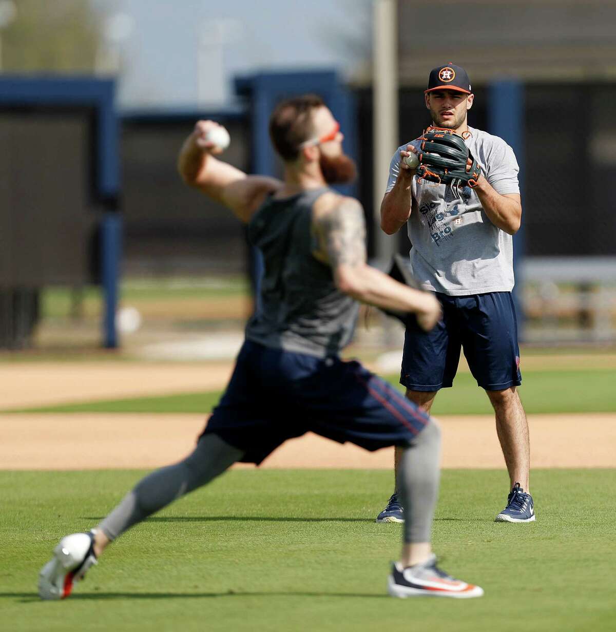 Houston Astros starting pitcher Lance McCullers and Dallas Keuchel throw during Astros pitchers and catchers report day at the Astros new spring training facility, The Ballpark of the Palm Beaches, in West Palm Beach, Florida, Tuesday, February 14, 2017. The Astros share the new ballpark with the Washington Nationals.