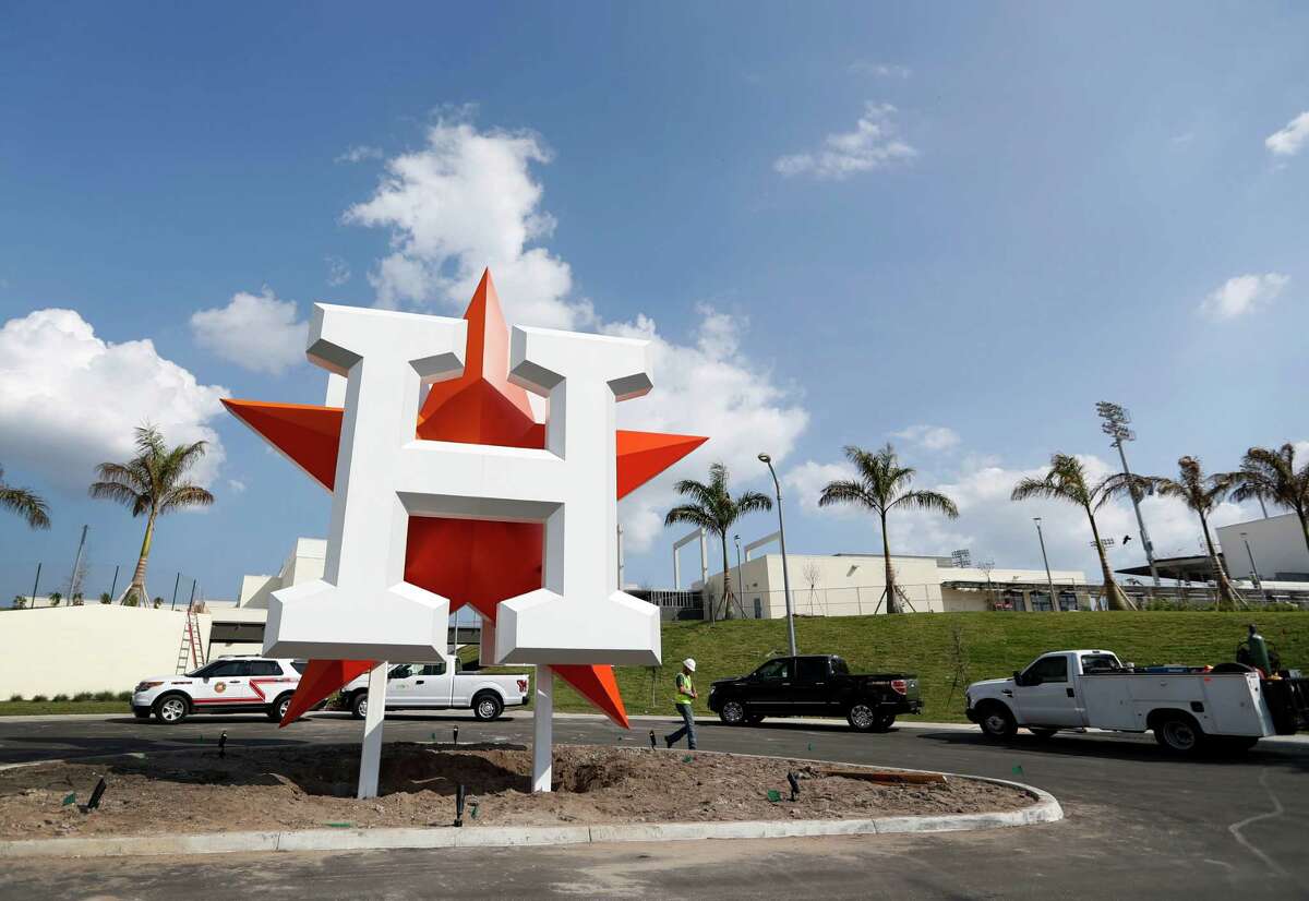 The Houston Astros logo out in front of their new spring training facility, The Ballpark of the Palm Beaches, in West Palm Beach, Florida, Tuesday, February 14, 2017. The Astros share the new ballpark with the Washington Nationals.