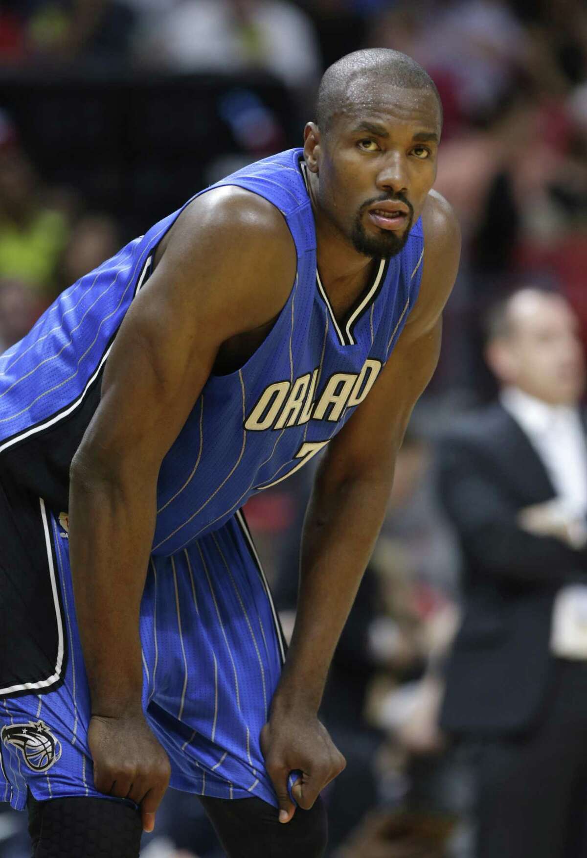 Orlando Magic’s Serge Ibaka takes a breather during the second half against the Heat on Feb. 13, 2017, in Miami.