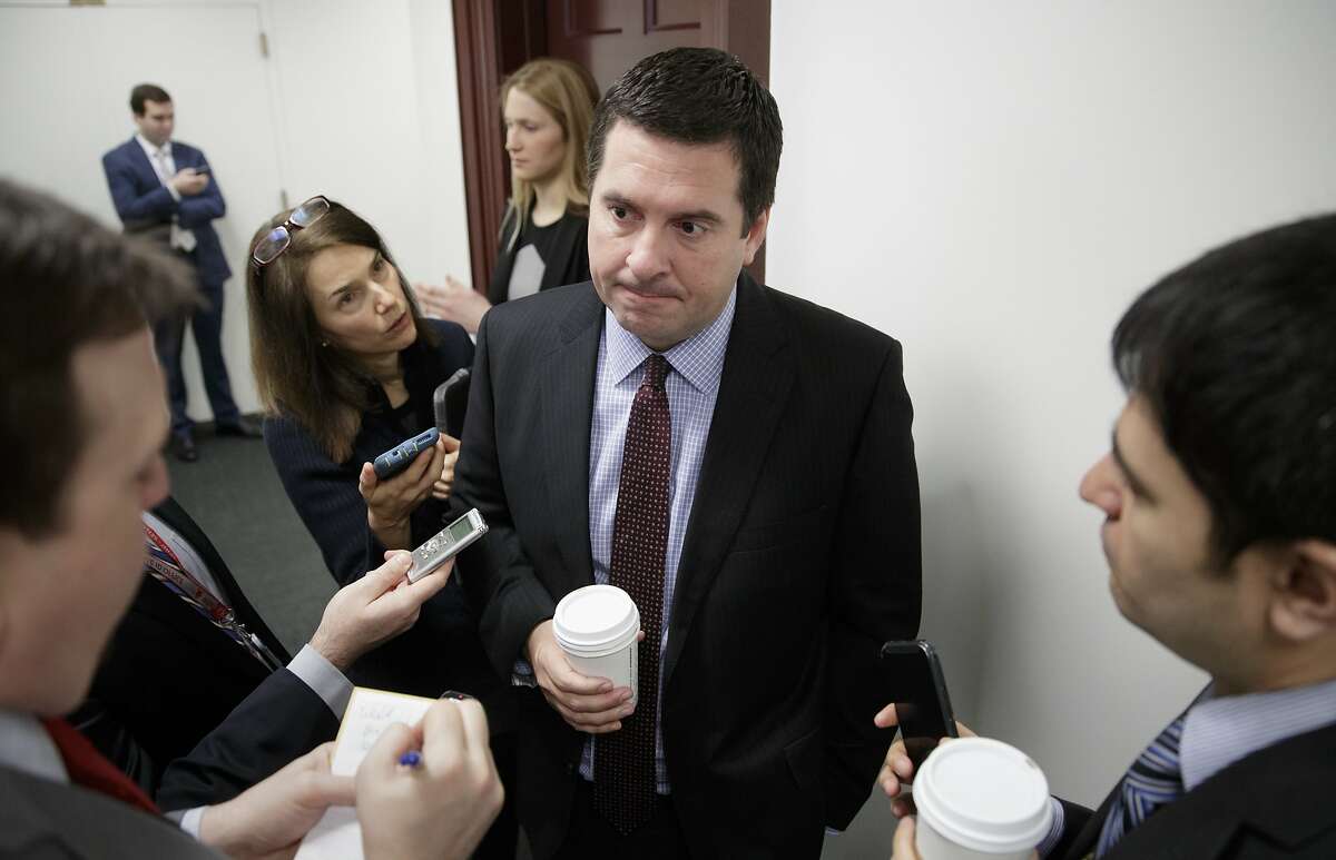 House Intelligence Committee Chairman Rep. Devin Nunes, R-Calif., is questioned by reporters on Capitol Hill in Washington, Tuesday, Feb. 14, 2017, on the ouster of Michael Flynn, President Trump's national security adviser. (AP Photo/J. Scott Applewhite)