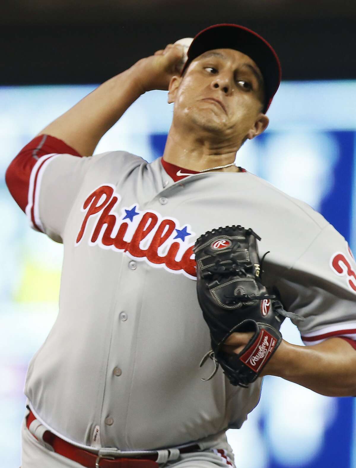 Philadelphia Phillies relief pitcher David Hernandez throws against the Minnesota Twins during the seventh inning of a baseball game Wednesday, June 22, 2016, in Minneapolis. The Twins won 6-5. Hernandez took the loss. (AP Photo/Jim Mone)