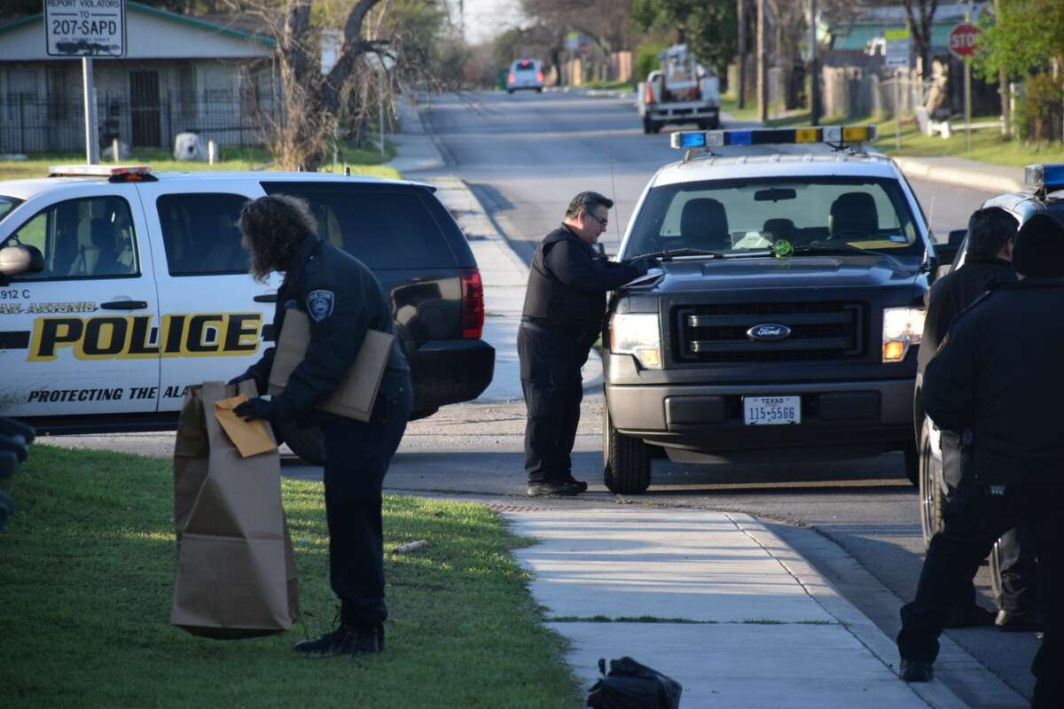 San Antonio police are investigating a crime scene involving a man who allegedly attacked his mother's boyfriend with brass knuckles and a shovel at the intersection of 28th and Menchaca Streets on Wednesday, Feb. 15, 2017.
