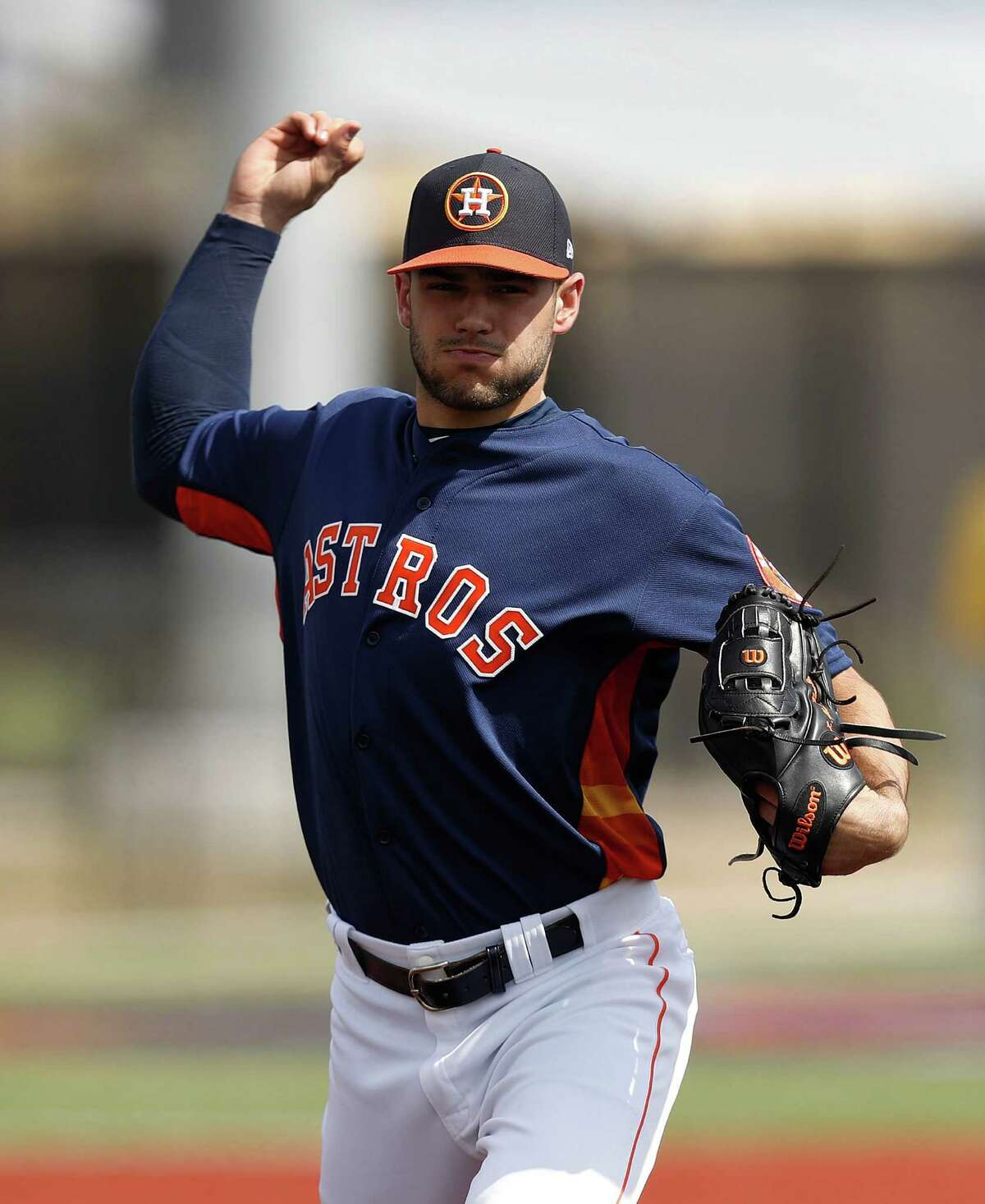 Houston Astros starting pitcher Lance McCullers works through a drill as the Astros pitchers and catchers held their first workout of spring training at The Ballpark of the Palm Beaches, in West Palm Beach, Florida, Tuesday, February 14, 2017.