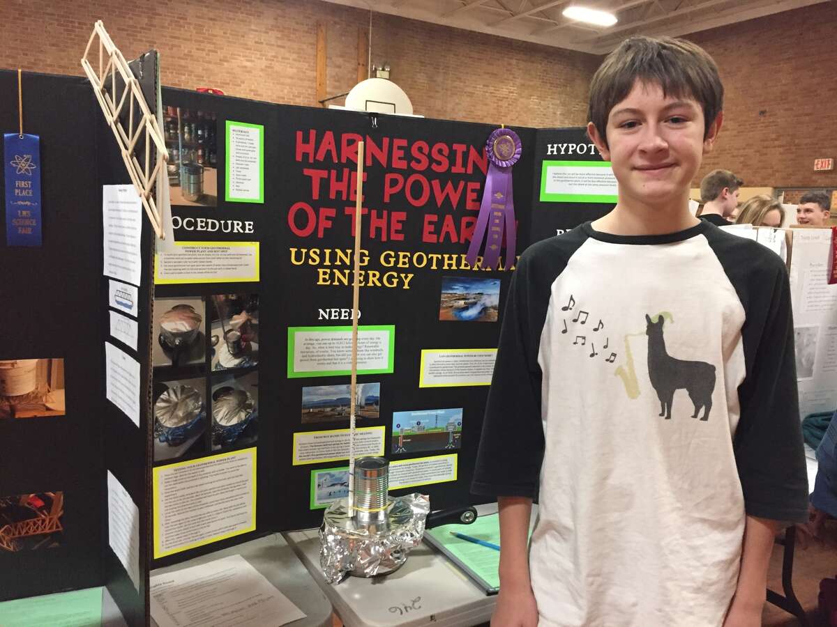 Drew Klingsick, Seventh grade, with his "Harnessing the power of the Earth using geothermal energy" project. Drew will be competing at SIUE.