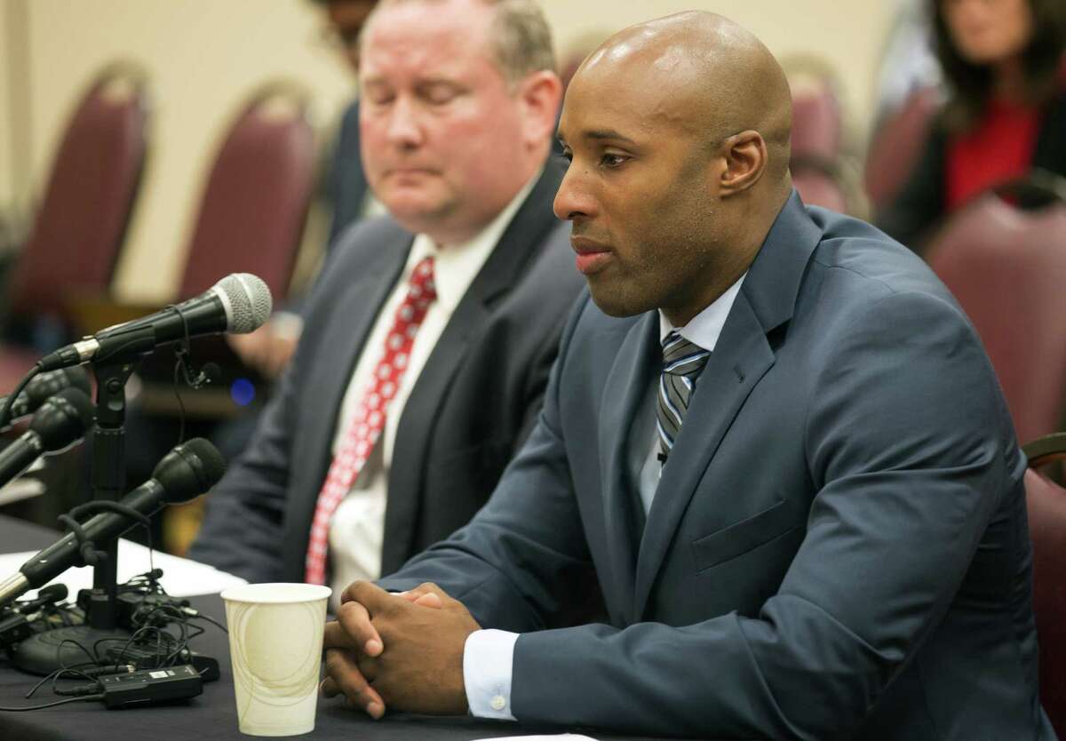 Former John Jay High School assistant football coach Mack Breed appears at a University Athletic League hearing, Oct. 15, 2015, in Round Rock, Texas. Texas high school sports officials showed leniency but the coach resigned under pressure, pleaded guilty to a Class A misdemeanor assault for his role in the attack, was fined $1,500, ordered to perform 90 hours of community service, and directed to pay a portion of Watts medical bills as part of his restitution.