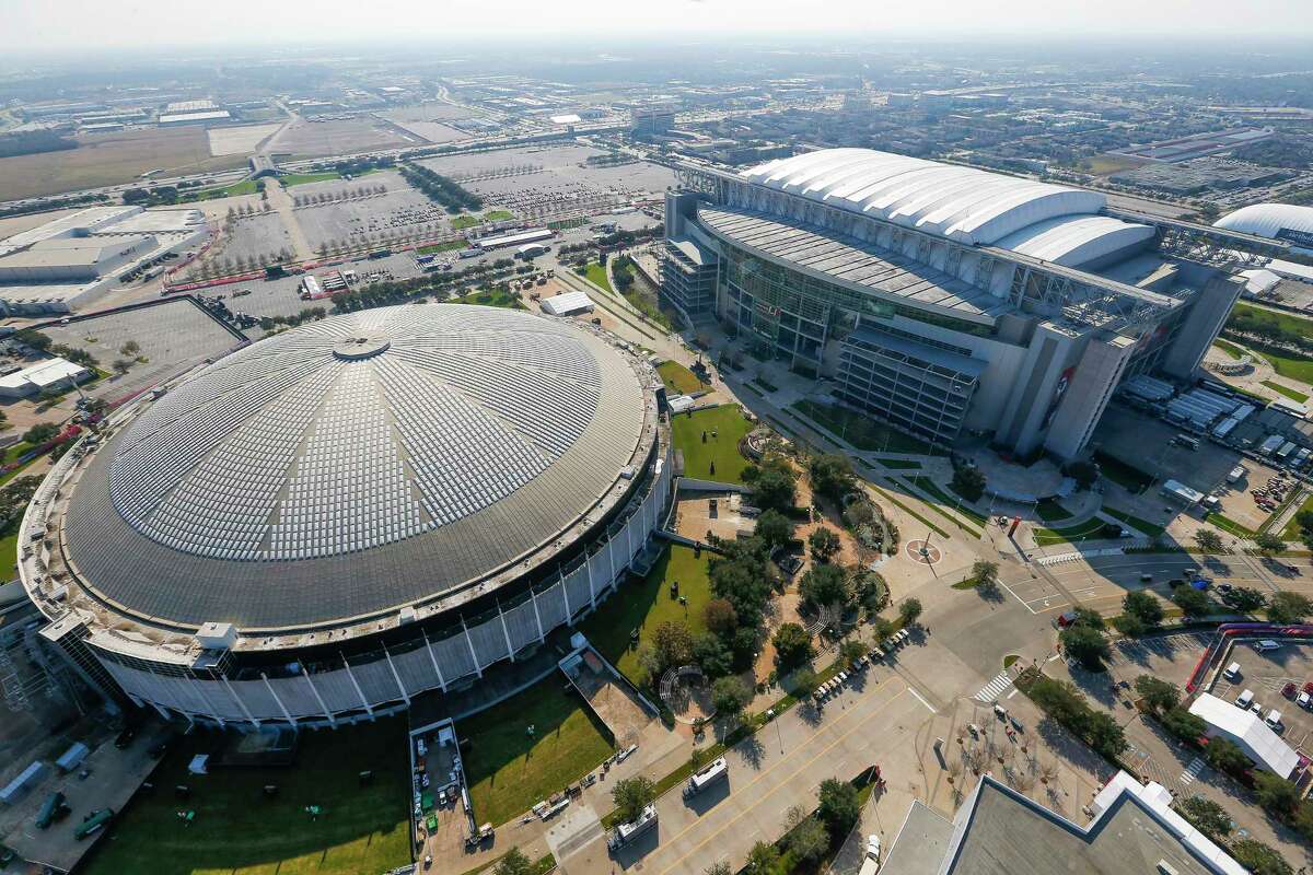 The Astrodome, shown in an aerial view from a Customs and Border Protection helicopter, still has an uncertain future as it sits idle next to NRG Stadium.