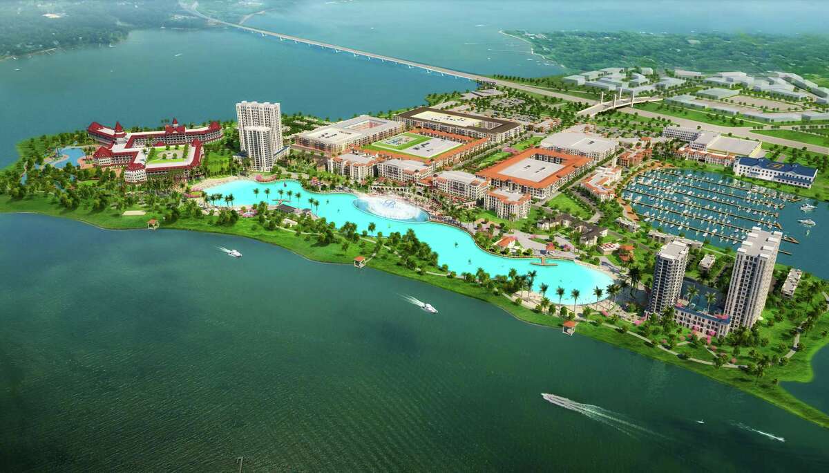 An artist's rendering of the planned eight-acre pool by Crystal Lagoons at the Bayside resort near Dallas.