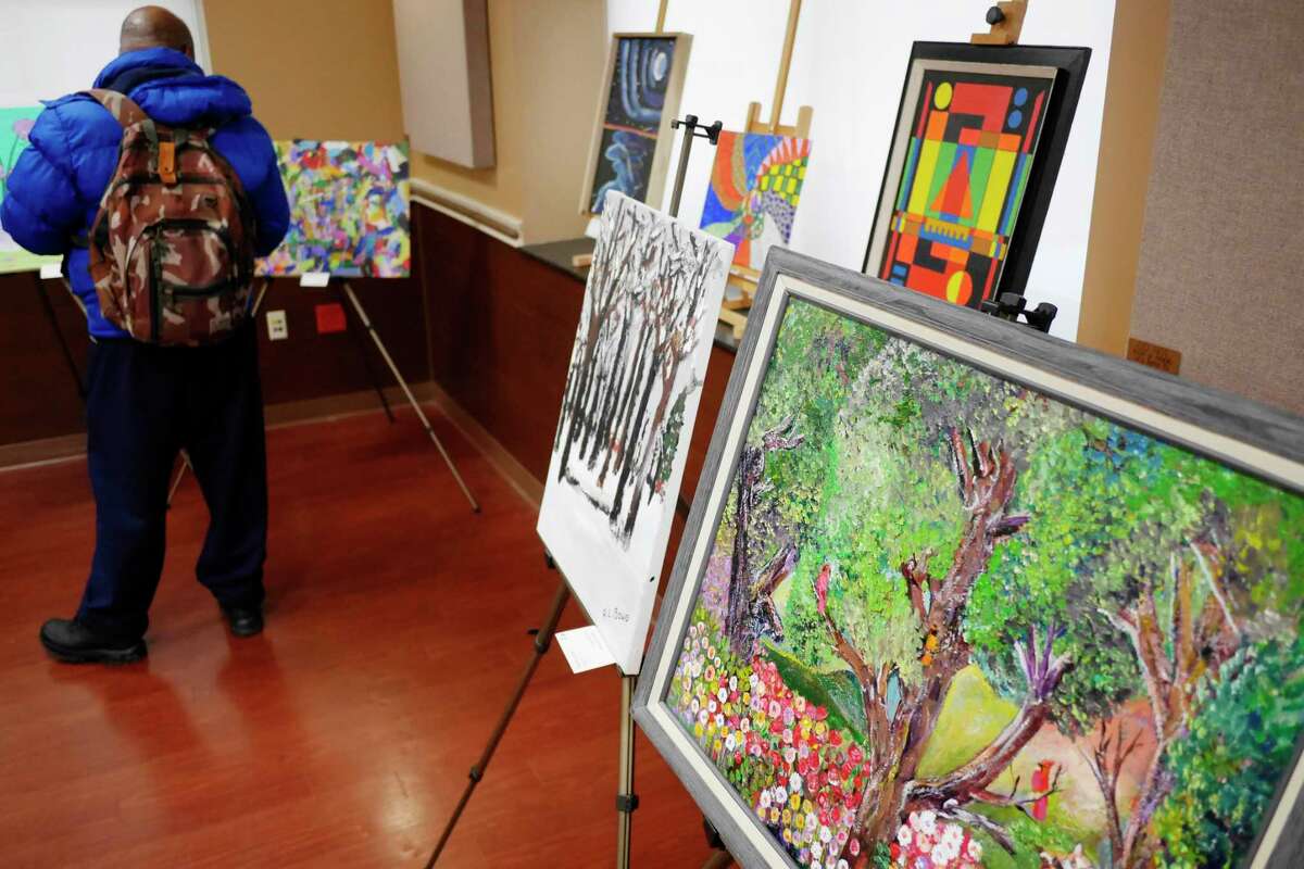 A view of some of the artwork that is part of the Local Veteran's Art Show at the Stratton VA Medical Center on Wednesday, Feb. 15, 2017 in Albany, N.Y. The annual art show exhibits work from veterans who are enrolled to receive their health care through the VA. The show is open to the public on Wednesday, February 16th from 10:00am to 2:00pm. First place winners in each of the categories will then compete in the national competition which will take place in October in Buffalo where a week-long arts festival will be held. This Friday from 10:15am to 11:15am and also opened to the public, the VA will hold their Performing Arts Variety Show, with veterans performing dance, drama and singing. Susan Colletti, a VA recreation therapist, who co-chairs the art show with Christina Rulison, a music therapist, said that for some vets dealing with PTSD, anxiety or depression, taking part in the art therapy helps them to come out of their shell and it helps to heal the person. "They become more socially engaged and more forward looking in life, more positive" Colletti said. (Paul Buckowski / Times Union)