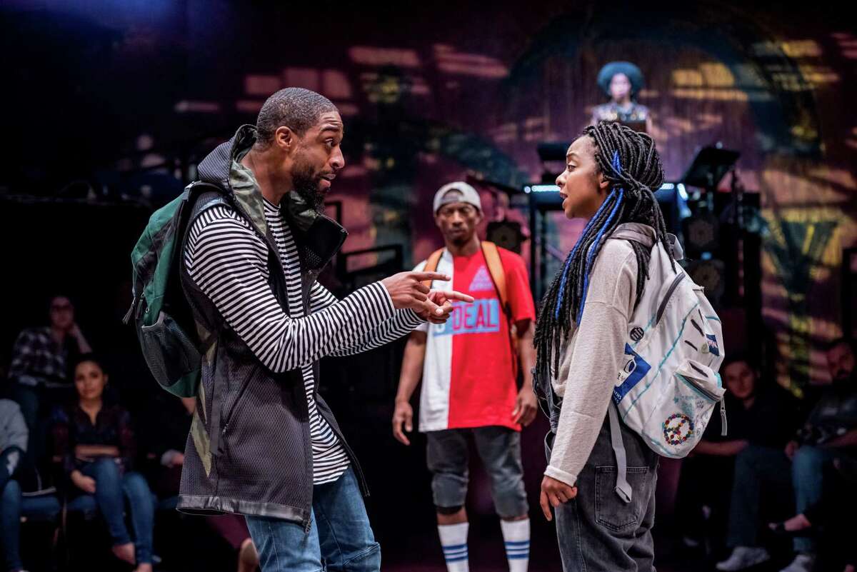 Nuri Hazzard as Jamal, Elisha Lawson as Ice Cold and and Kara Young as Sweet Tea in the world premiere of "Syncing Ink" at the Alley Theatre. The show continues through March 5.